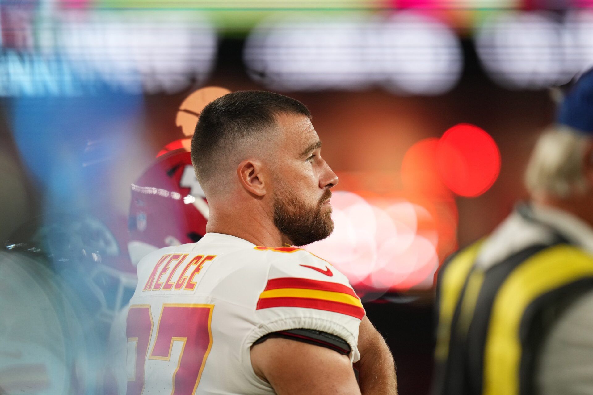 Kansas City Chiefs tight end Travis Kelce (87) stands on the sidelines during their preseason game against the Arizona Cardinals at State Farm Stadium on Aug. 9, 2025.