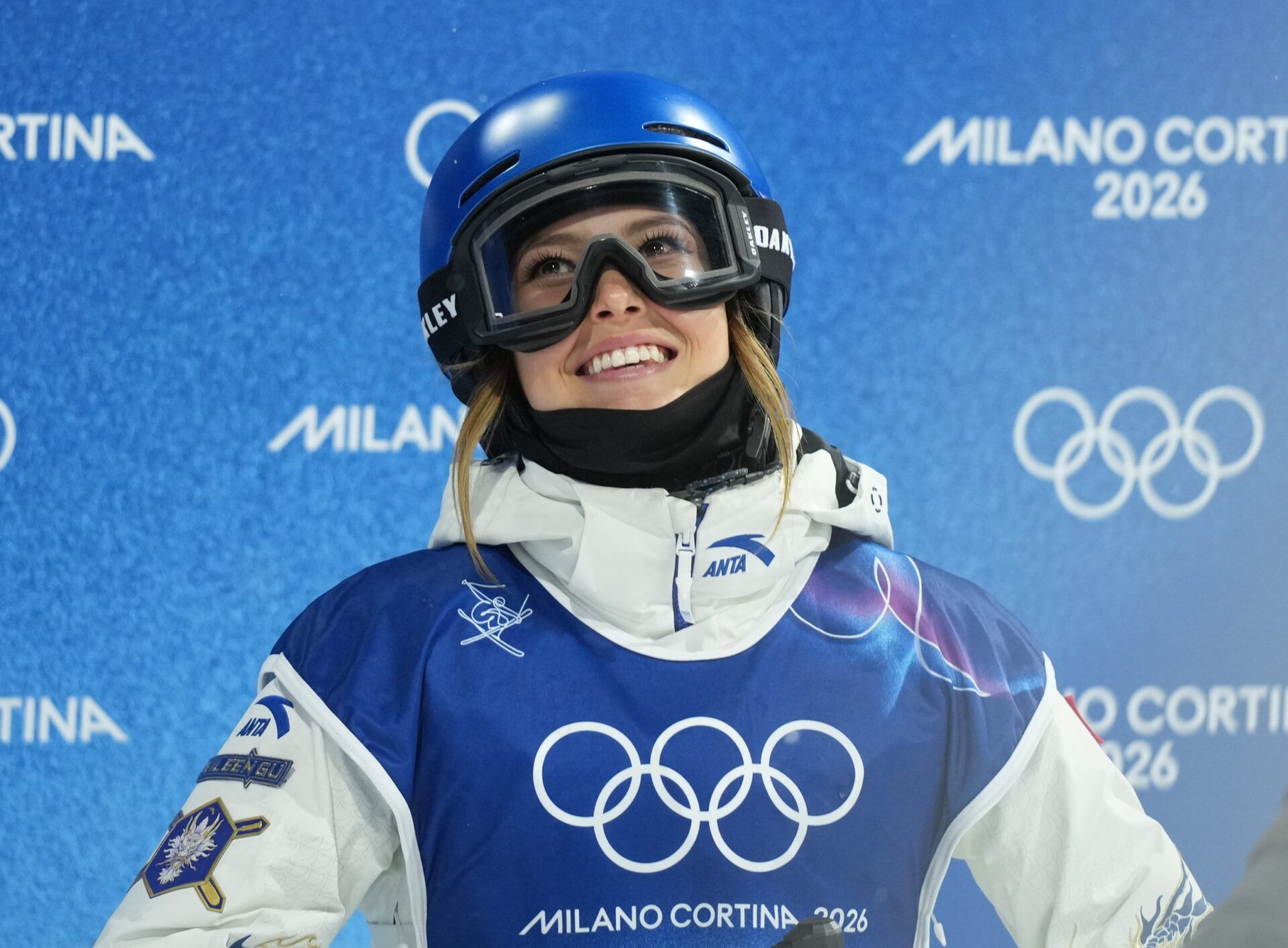 Ailing Eileen Gu of the People's Republic of China reacts after her second run in the women's freestyle skiing halfpipe qualification during the Milano Cortina 2026 Olympic Winter Games at Livigno Snow Park.