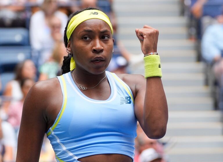 Coco Gauff (USA) after a winner  to Elina Svitolina (UKR) on day five of the 2024 U.S. Open tennis tournament at USTA Billie Jean King National Tennis Center.