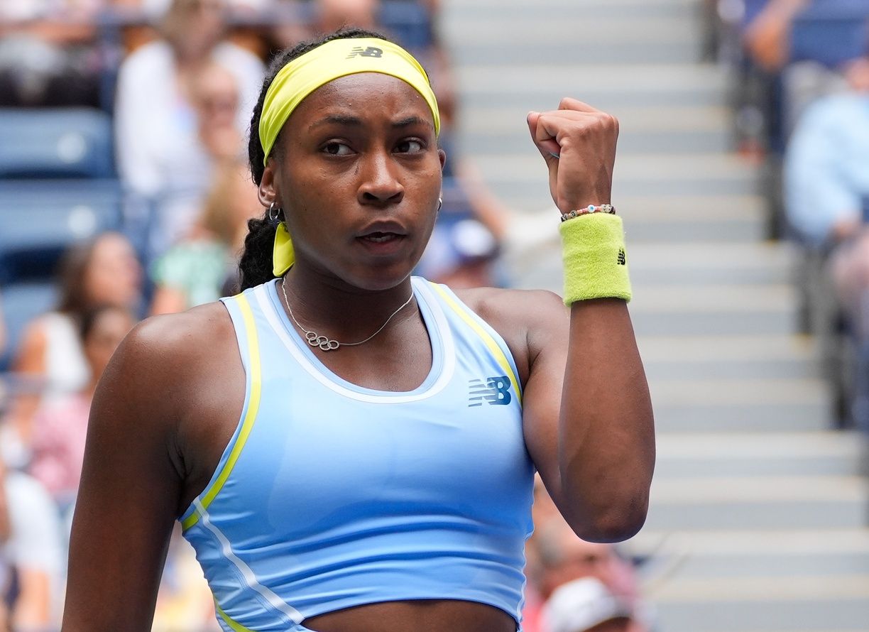 Coco Gauff (USA) after a winner  to Elina Svitolina (UKR) on day five of the 2024 U.S. Open tennis tournament at USTA Billie Jean King National Tennis Center.