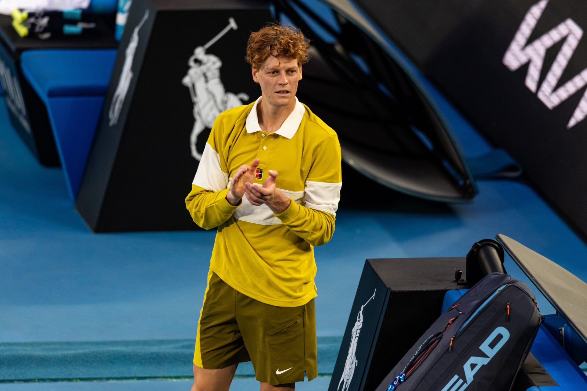 Jannik Sinner of Italy after his match against Hugo Gaston of France in the first round of the mens singles at the Australian Open at Rod Laver Arena in Melbourne Park.
