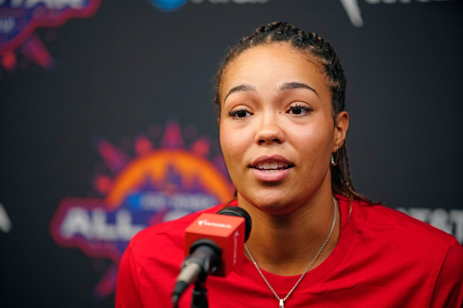 Team USA forward Napheesa Collier talks to the press during WNBA All-Star Media Day at the Footprint Center.
