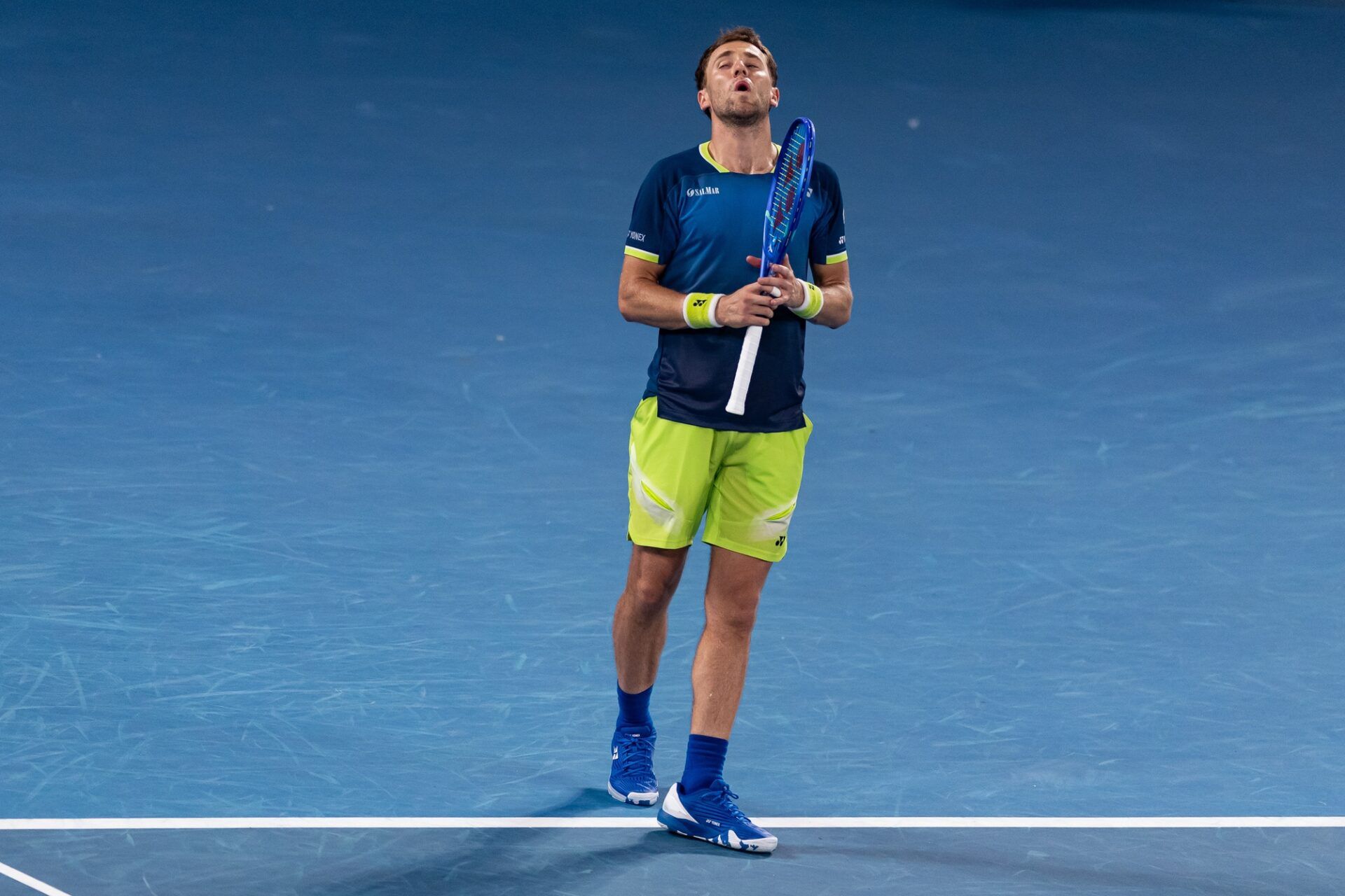 Casper Ruud of Norway in action against Ben Shelton of United States in the fourth round of the mens singles at the Australian Open at Rod Laver Arena in Melbourne Park.