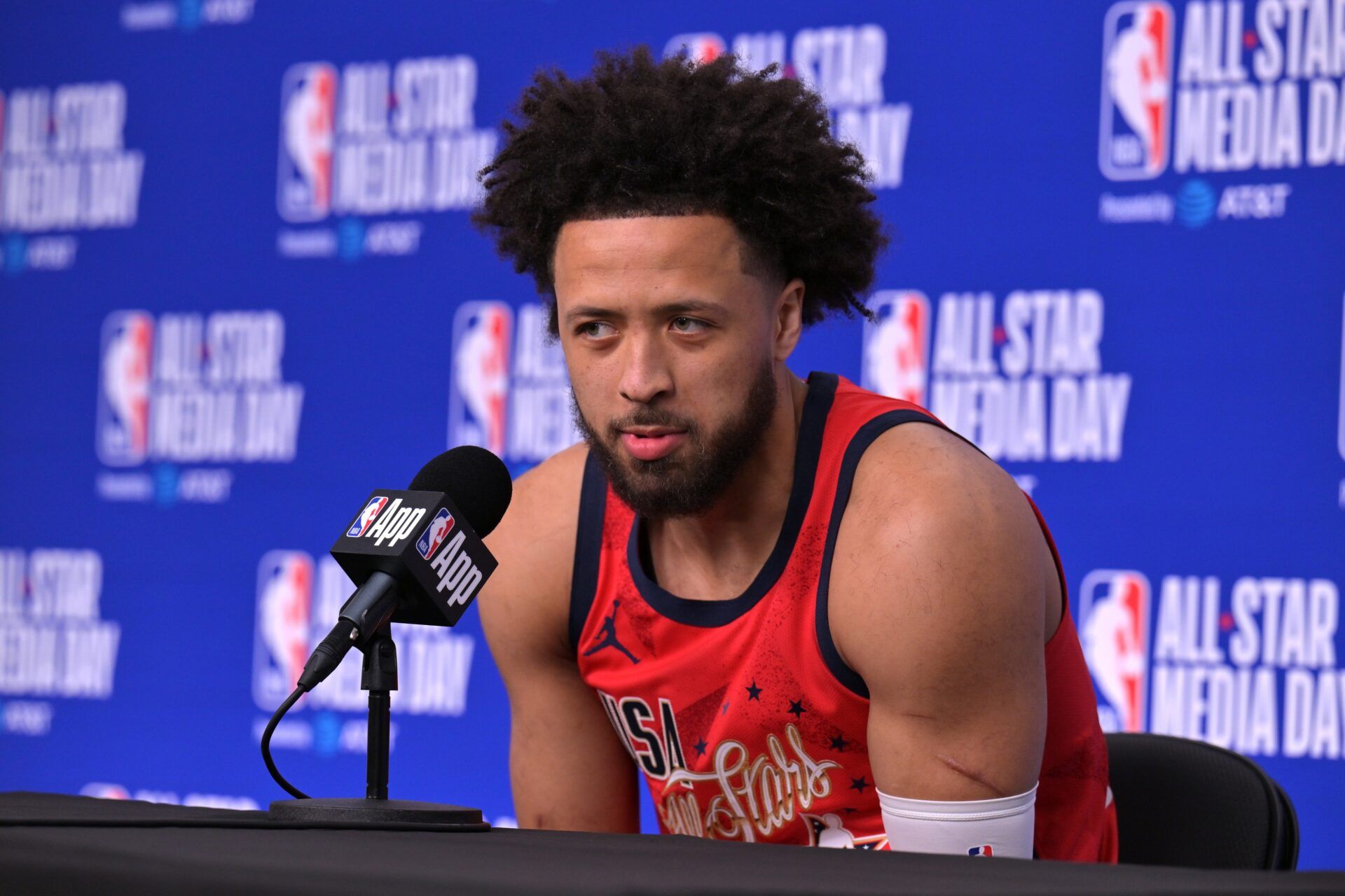 Team USA Stars guard Cade Cunningham (2) of the Detroit Pistons during a news conference for the NBA All Star game at Intuit Dome.
