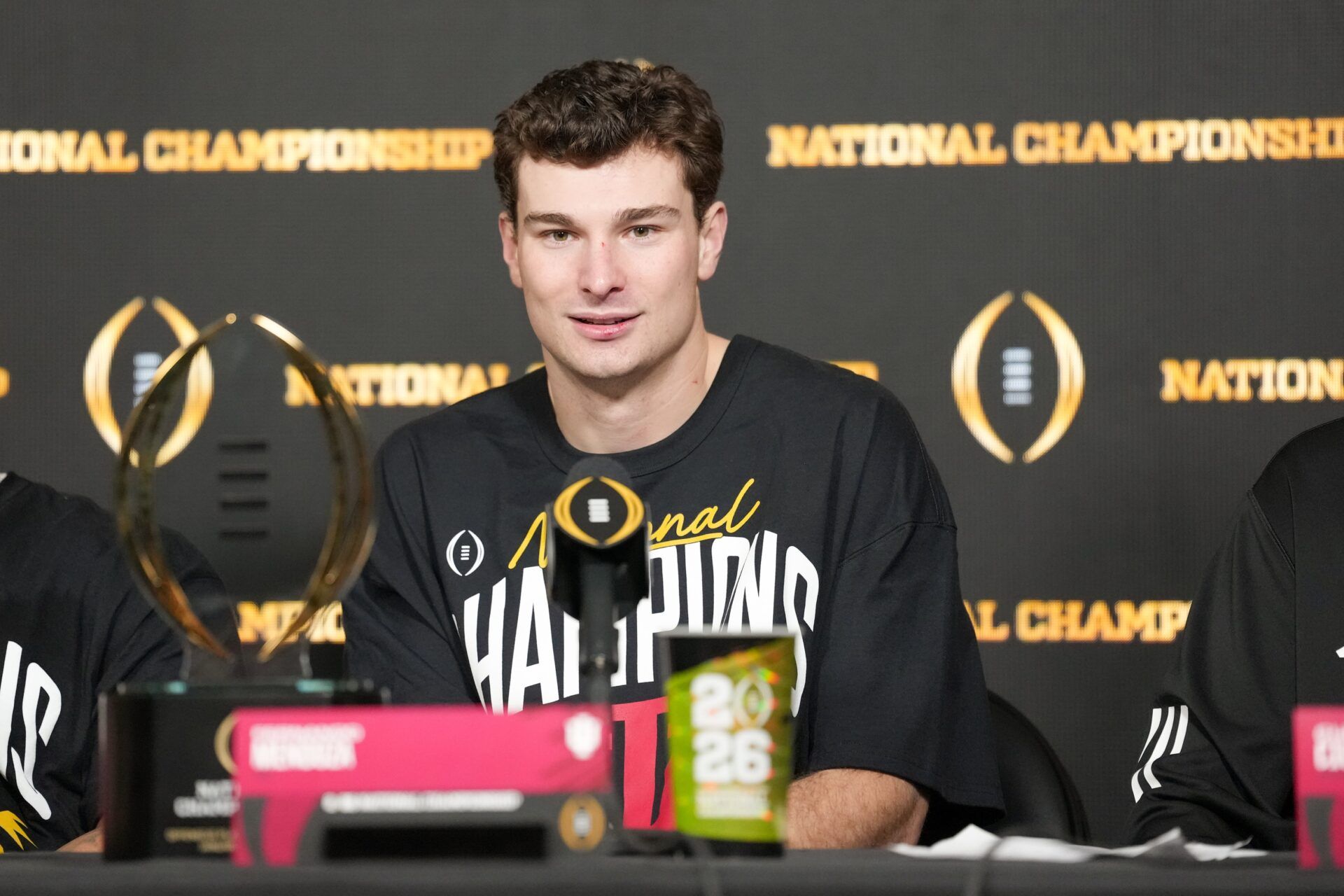 Indiana Hoosiers quarterback Fernando Mendoza (15) speaks to the media after the College Football Playoff National Championship game against the Miami Hurricanes at Hard Rock Stadium.