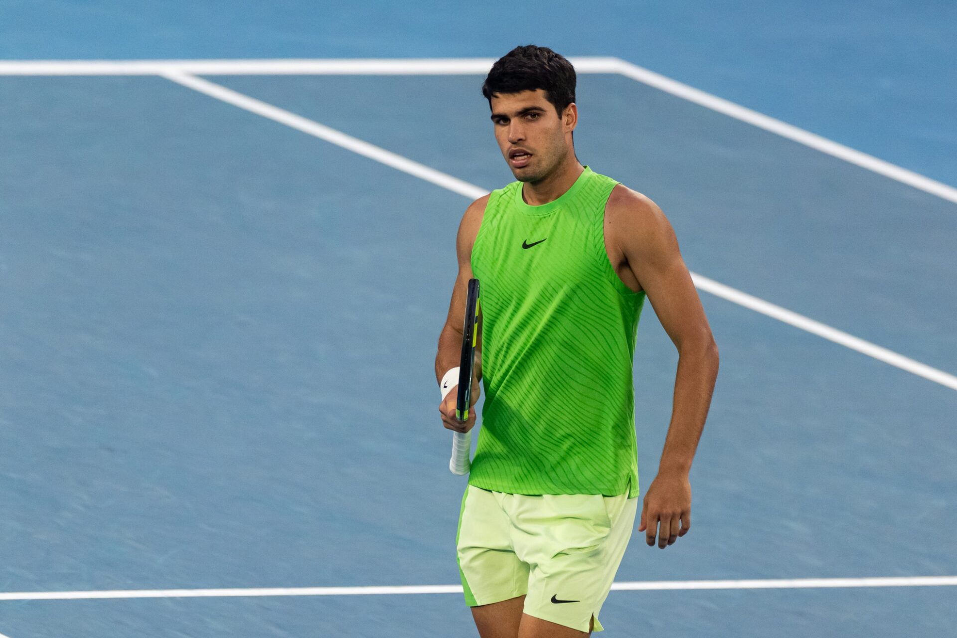Carlos Alcaraz of Spain in action against Alexander Zverev of Germany in the semifinals of the mens singles at the Australian Open at Rod Laver Arena in Melbourne Park.