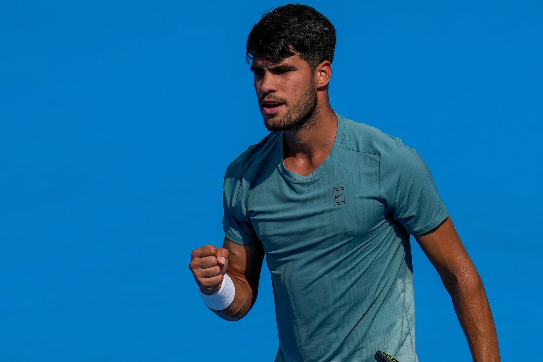 Carlos Alcaraz pumps his fist in the Cincinnati Open quarterfinal match between Andrey Rublev and Carlos Alcaraz at the Lindner Family Tennis Center in Mason, Ohio, on Friday, Aug. 15, 2025. Alcaraz won, 6-3, 4-6, 7-5.