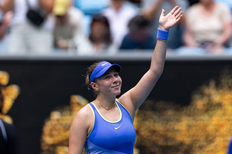 Amanda Anisimova of United States celebrates her victory over Simona Waltert of Switzerland in the first round of the women’s singles at the Australian Open at Margaret Court Arena in Melbourne Park.