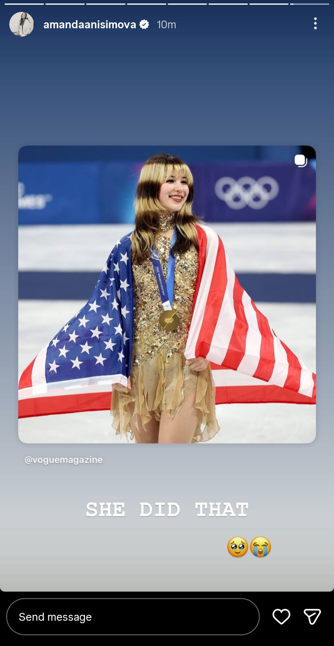 Amanda Anisimova's Instagram story, celebrating Alysa Liu's Olympic win