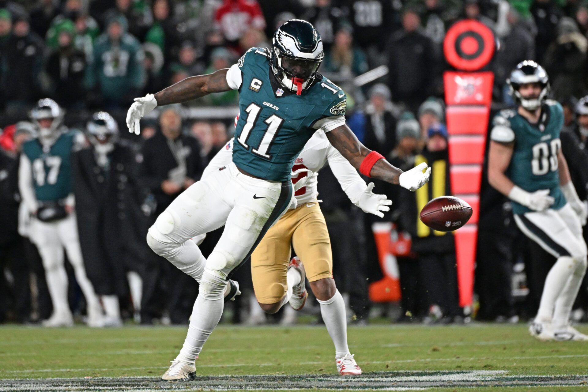 Philadelphia Eagles wide receiver A.J. Brown (11) can't make catch during the fourth quarter against the San Francisco 49ers  in an NFC Wild Card Round game at Lincoln Financial Field.