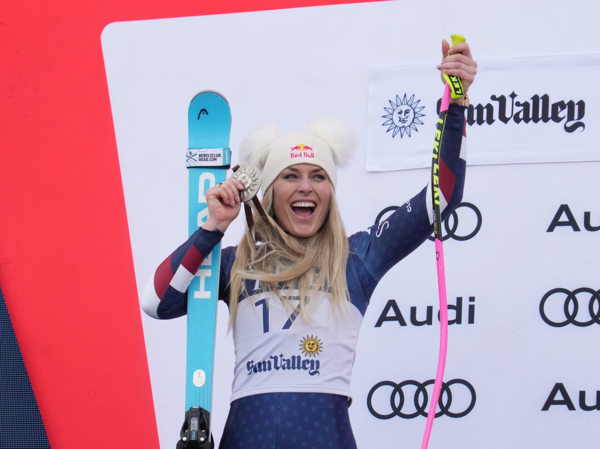 Lindsey Vonn of the United States celebrates on the podium after placing second in the Super G alpine skiing race in the 2025 FIS Ski World Cup at Sun Valley.