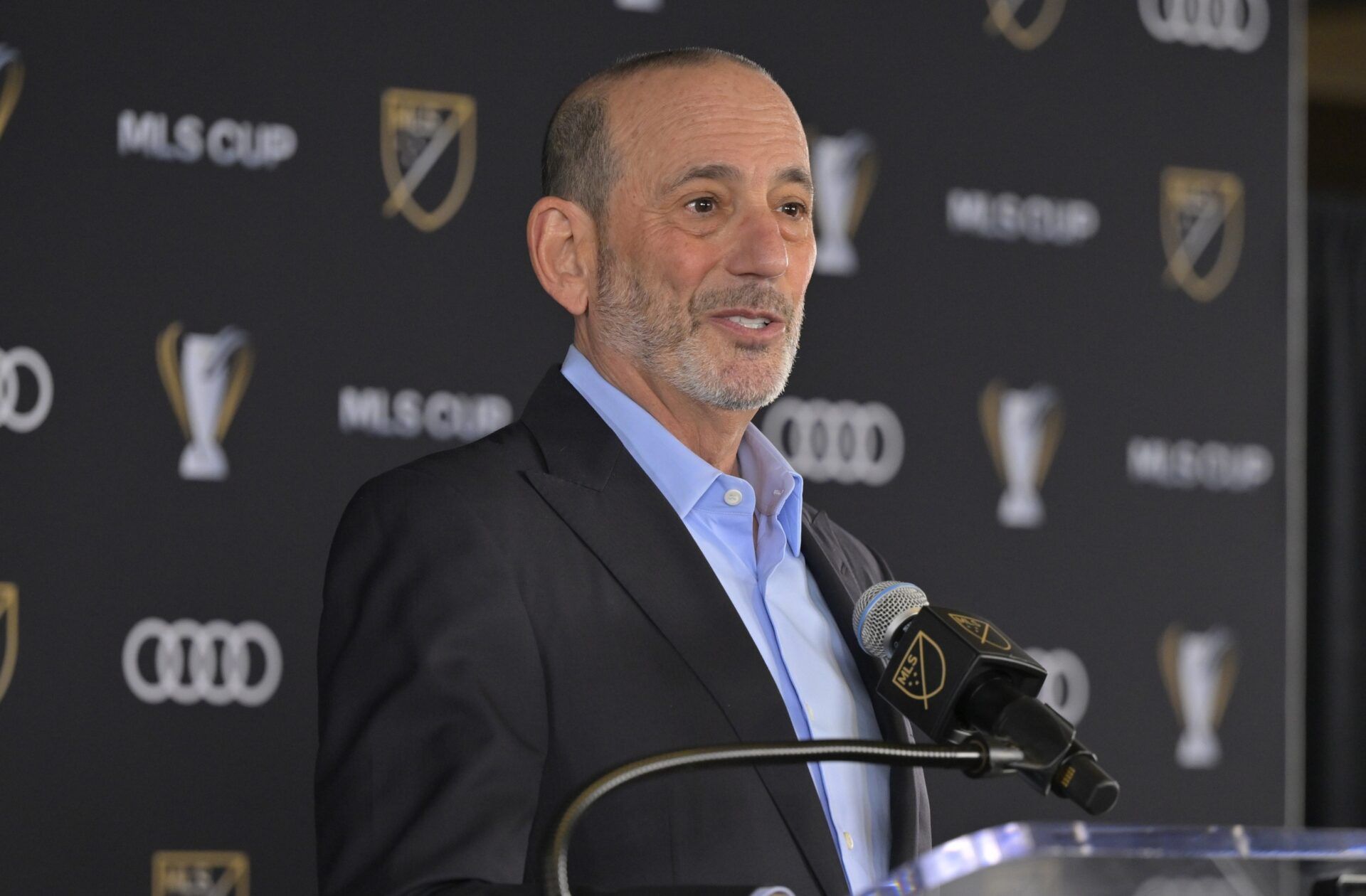 MLS commissioner Don Garber gives the State of the League Address at Dignity Health Sports Park.