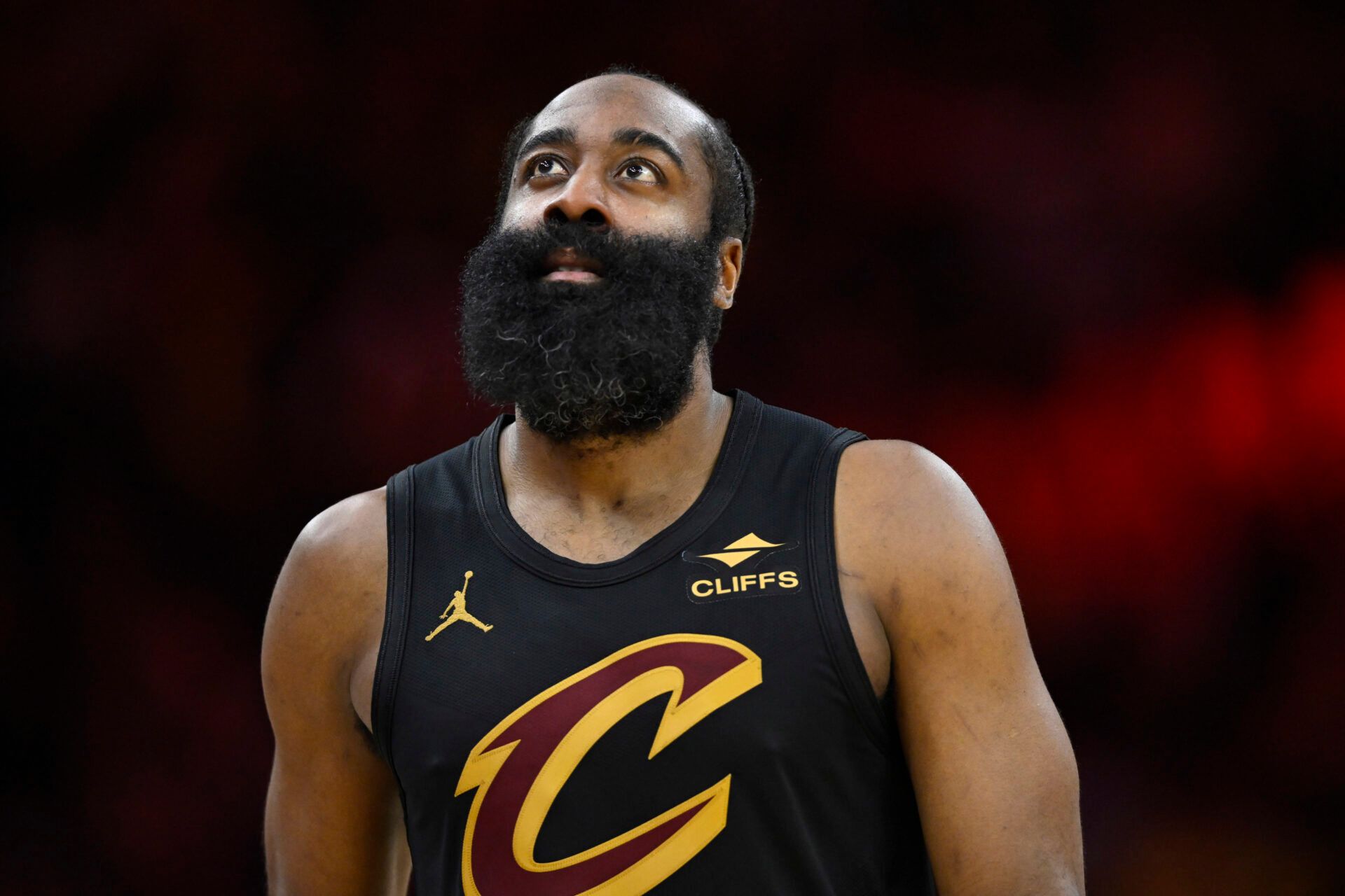 Cleveland Cavaliers guard James Harden (1) stands on the court in the fourth quarter against the Washington Wizards at Rocket Arena.