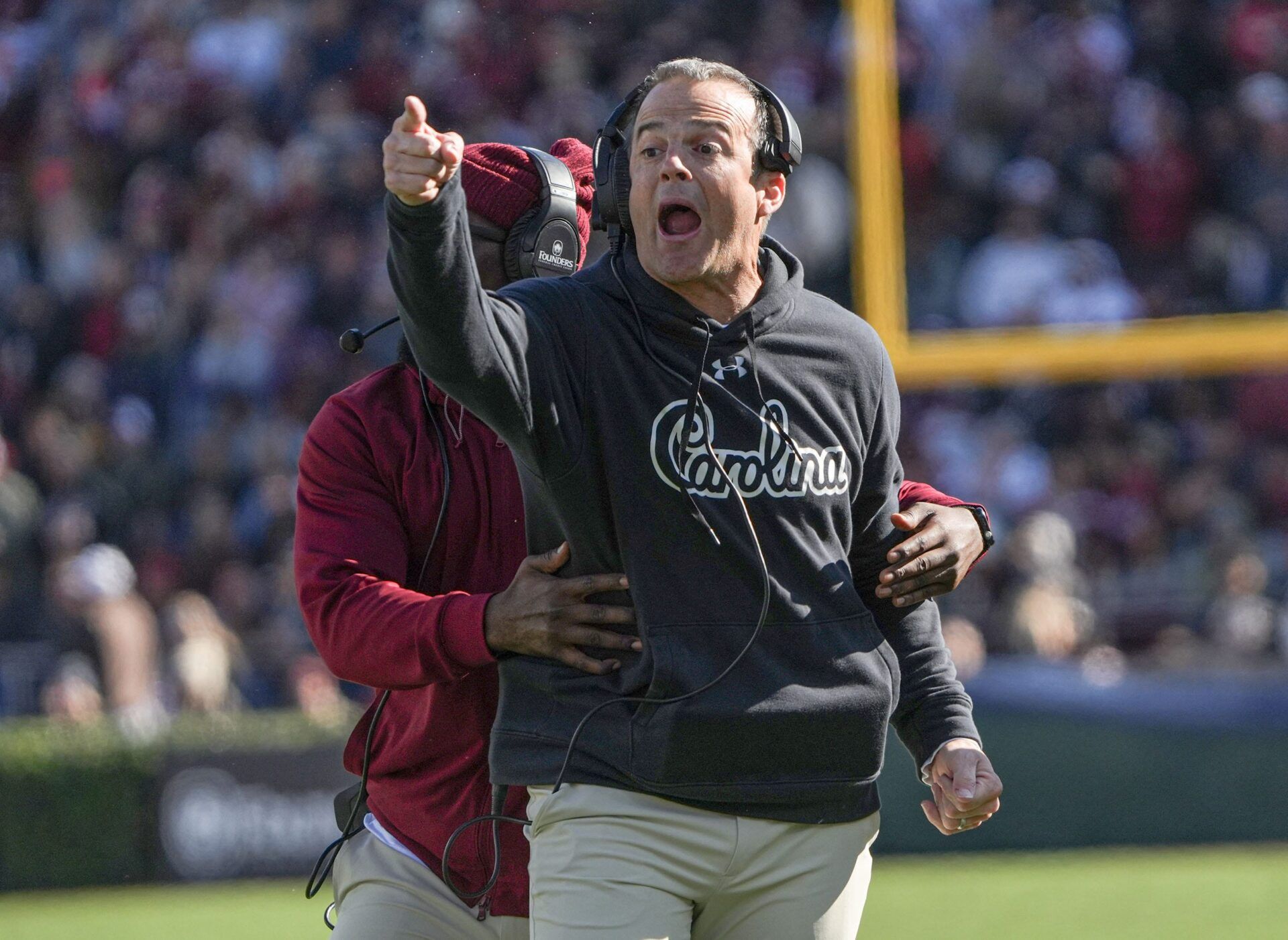 South Carolina Head Coach Shane Beamer disputes a pass interference call in the game with Clemson during the second quarter at Williams-Brice Stadium in Columbia, S.C. Saturday, November 29, 2025.