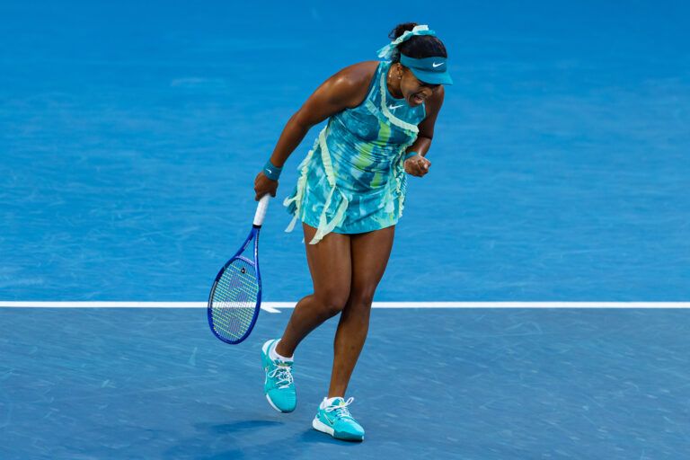 Naomi Osaka of Japan in action against Sorana Cirstea of Romania in the second round of the womens singles at the Australian Open at Margaret Court Arena in Melbourne Park.