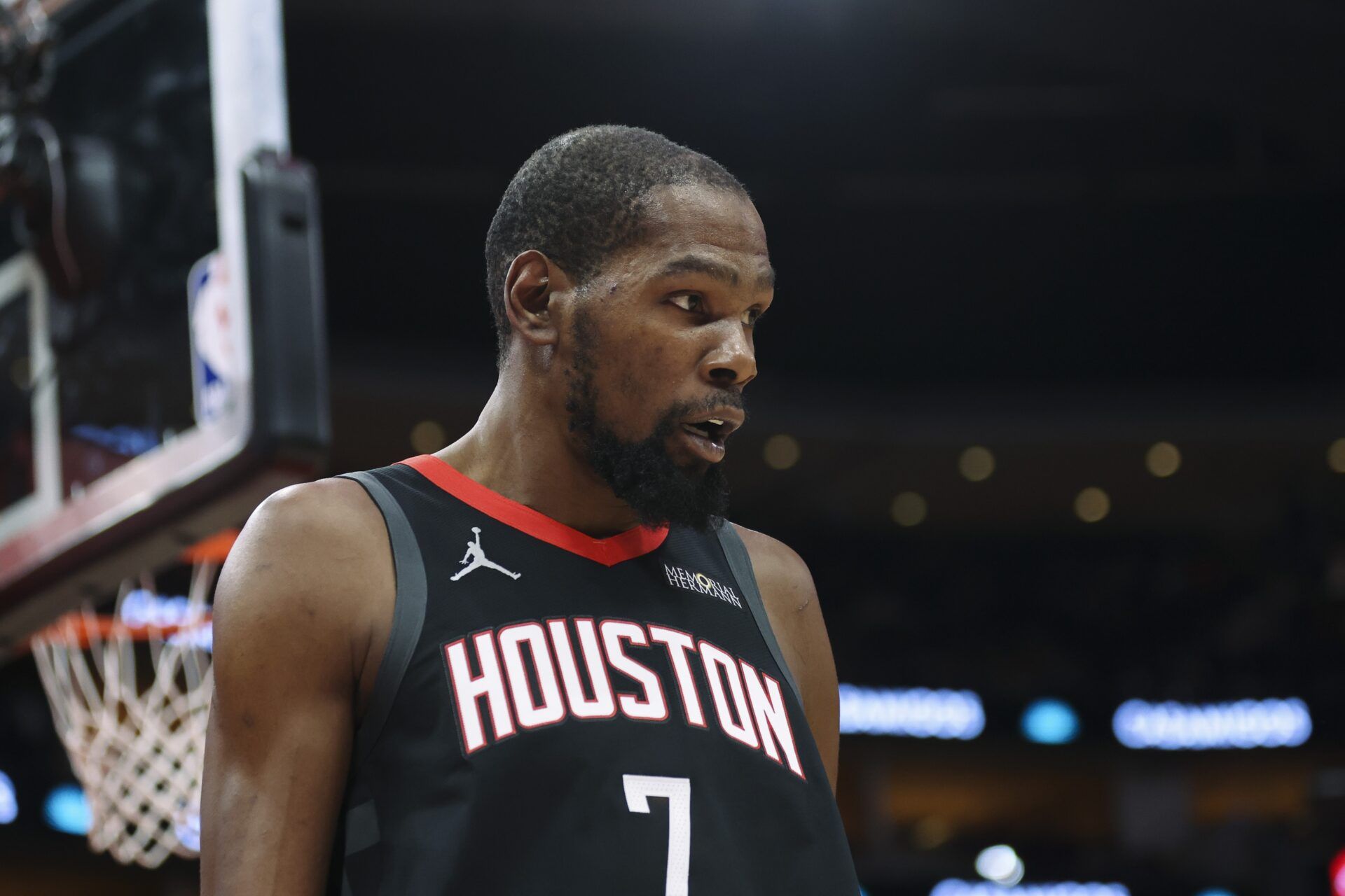 Houston Rockets forward Kevin Durant (7) reacts after a play during the first quarter against the Oklahoma City Thunder at Toyota Center.