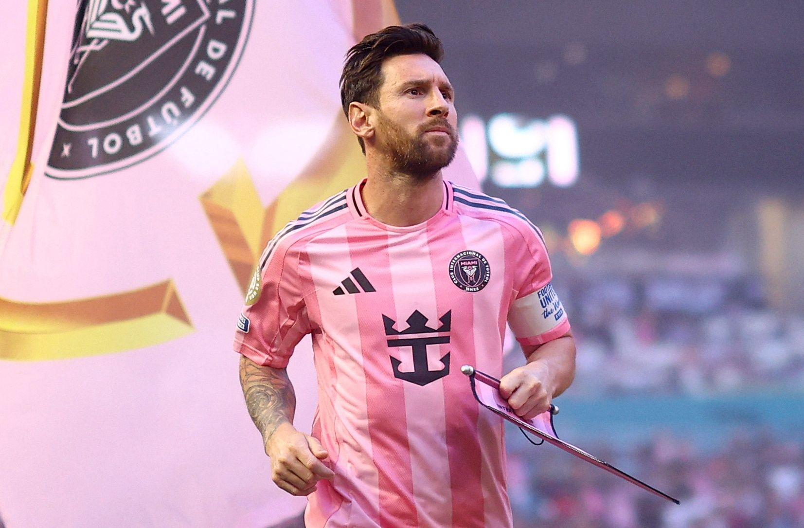 [Subscription Customers Only] Jun 14, 2025; Miami Gardens, Florida, USA; Inter Miami CF forward Lionel Messi (10) walks onto the pitch prior to a group stage match of the 2025 FIFA Club World Cup at Hard Rock Stadium.