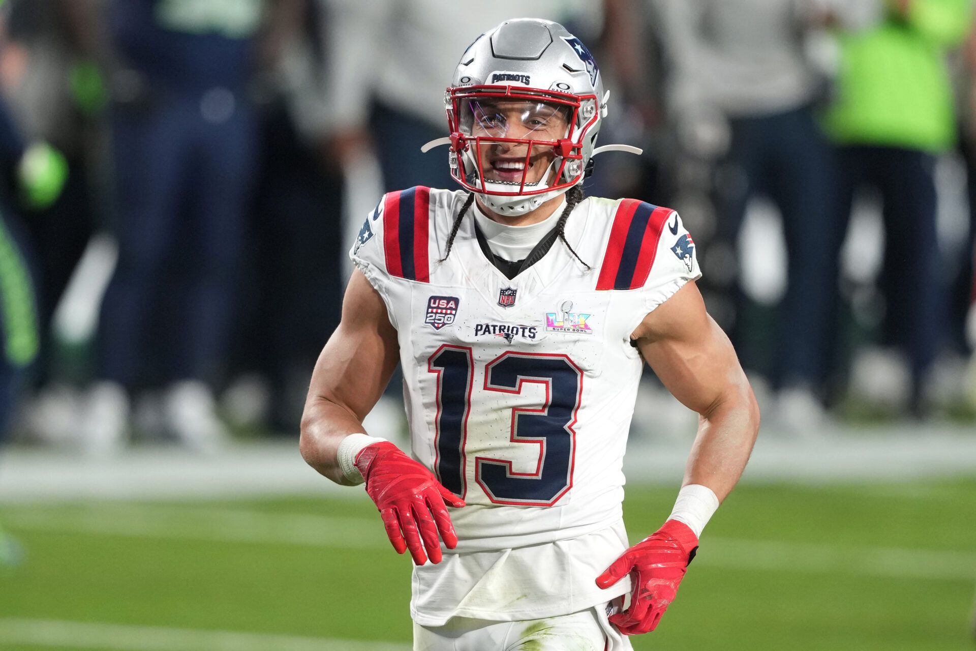 New England Patriots wide receiver Mack Hollins (13) during the fourth quarter against the Seattle Seahawks in Super Bowl LX at Levi's Stadium.