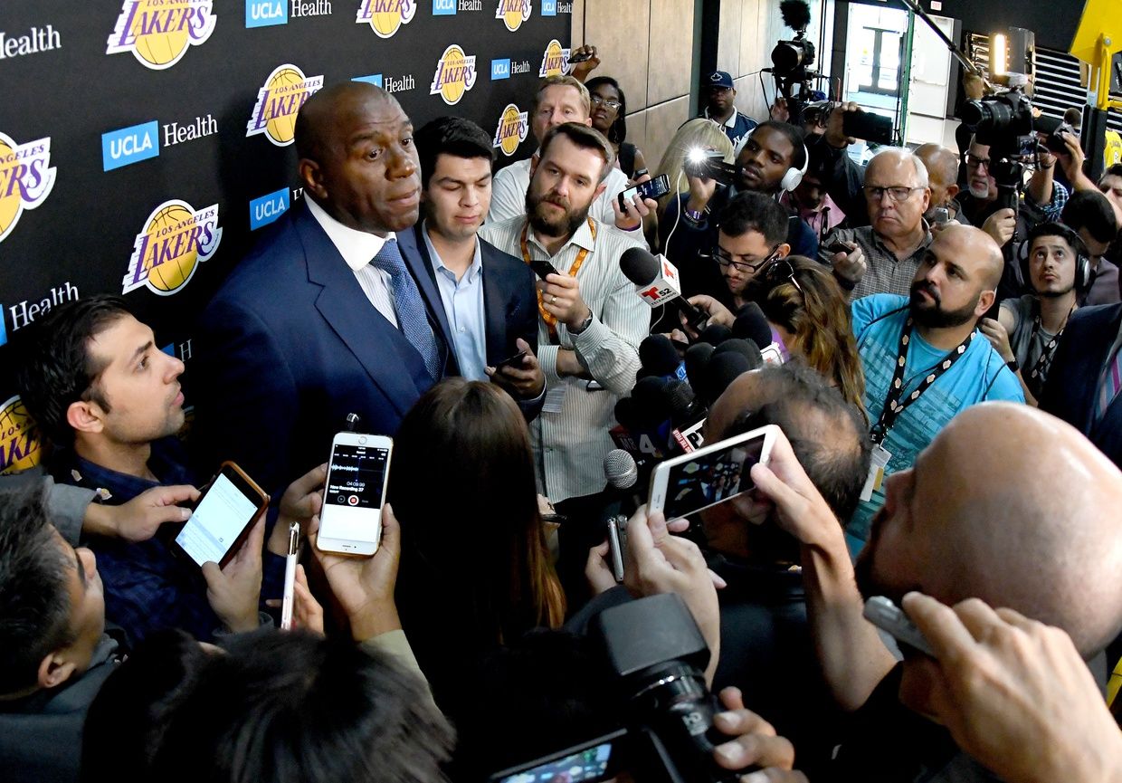 Los Angeles Lakers president of basketball operations Magic Johnson is interviewed during Lakers Media Day at the UCLA Health Training Center in El Segundo, CA.