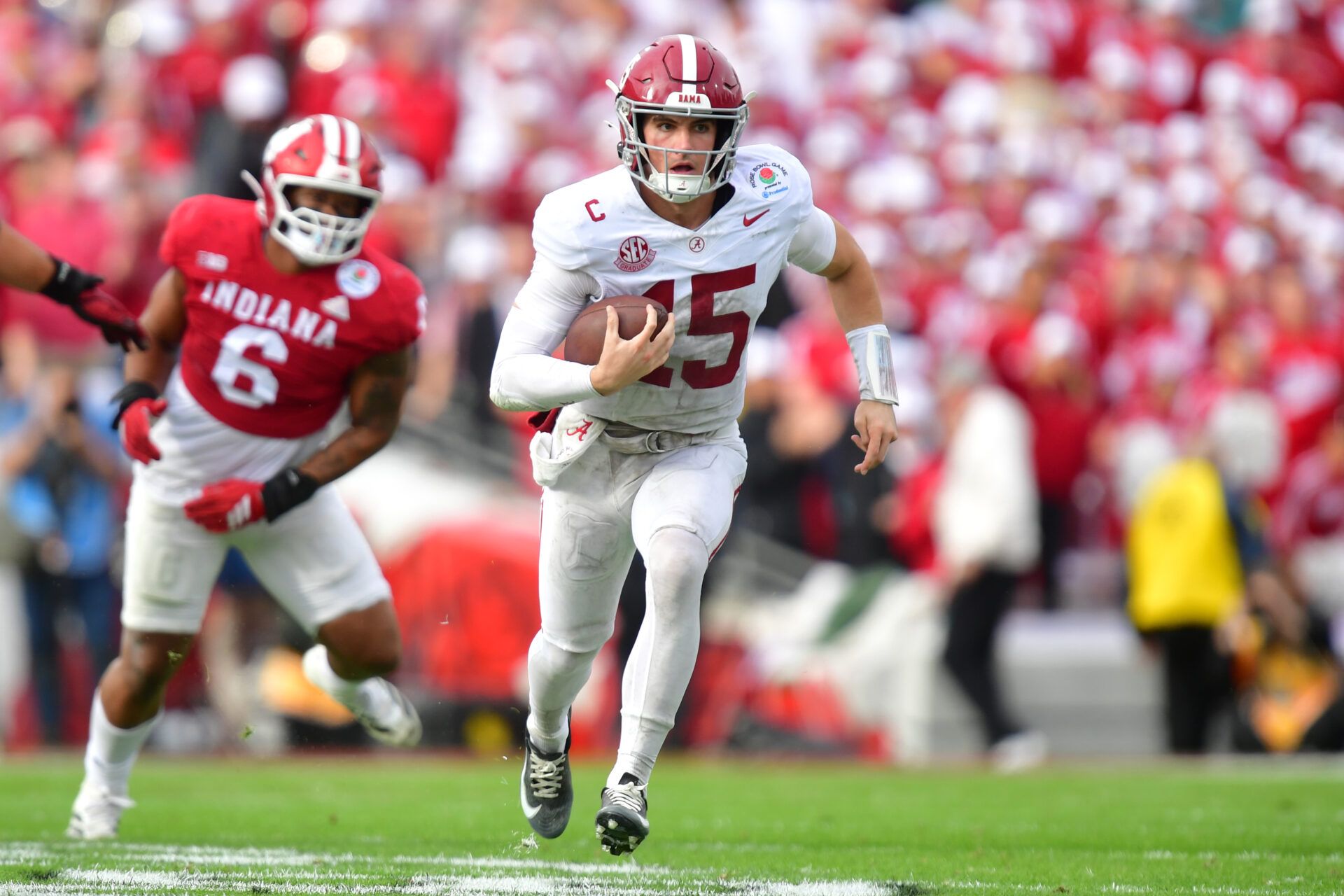 Alabama Crimson Tide quarterback Ty Simpson (15) runs against the Indiana Hoosiers in the first half of the 2026 Rose Bowl and quarterfinal game of the College Football Playoff at Rose Bowl Stadium.