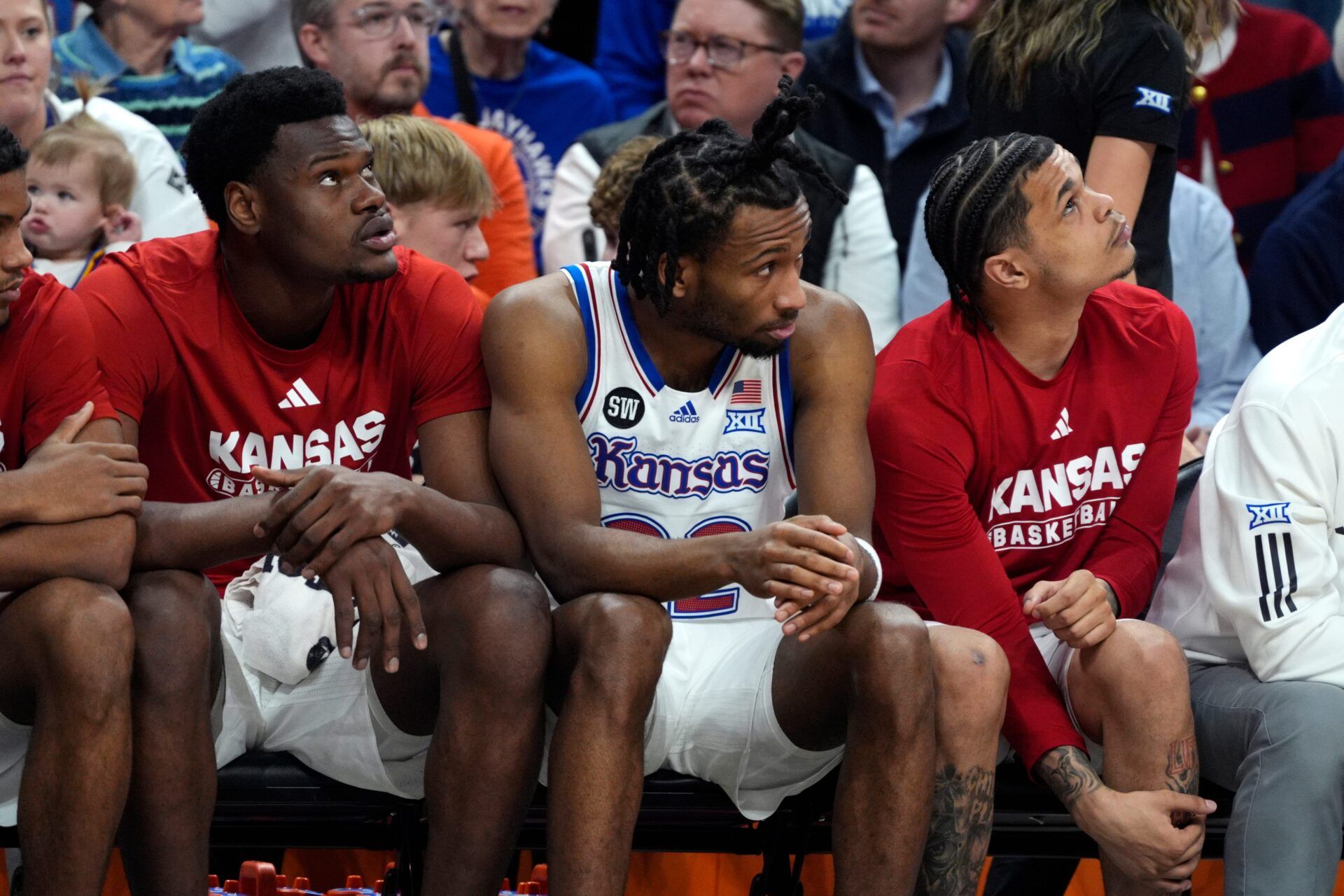 Kansas Jayhawks guard Darryn Peterson (22) sits on th bench in the second half of a men's college basketball game between the Oklahoma State Cowboys and the Kansas Jayhawks at Gallagher-Iba Arena in Stillwater, Okla., Wednesday, Feb. 18, 2026.