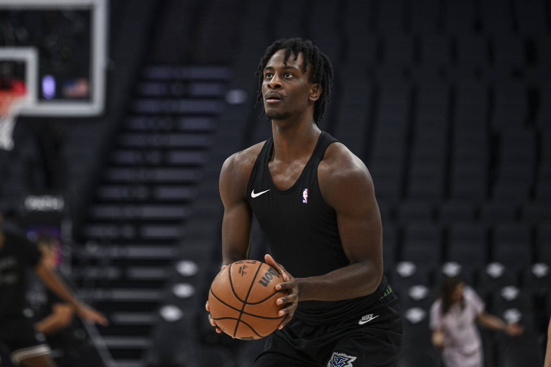 Minnesota Timberwolves forward Leonard Miller (33) warms up before a game against the Sacramento Kings at Golden 1 Center.