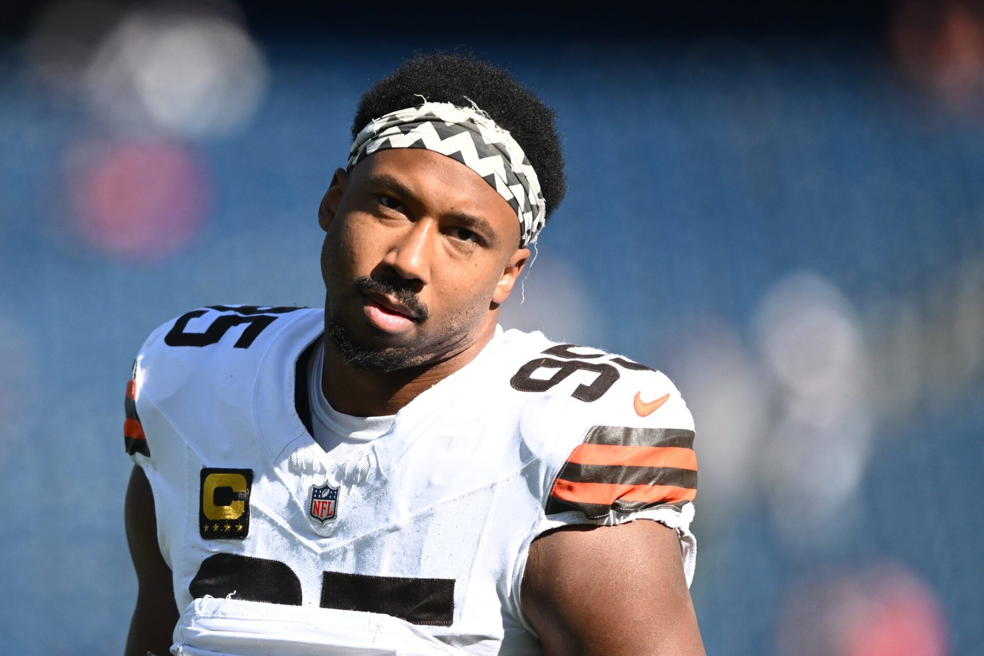Cleveland Browns defensive end Myles Garrett (95) looks on during warm up prior to the game against the New England Patriots at Gillette Stadium.