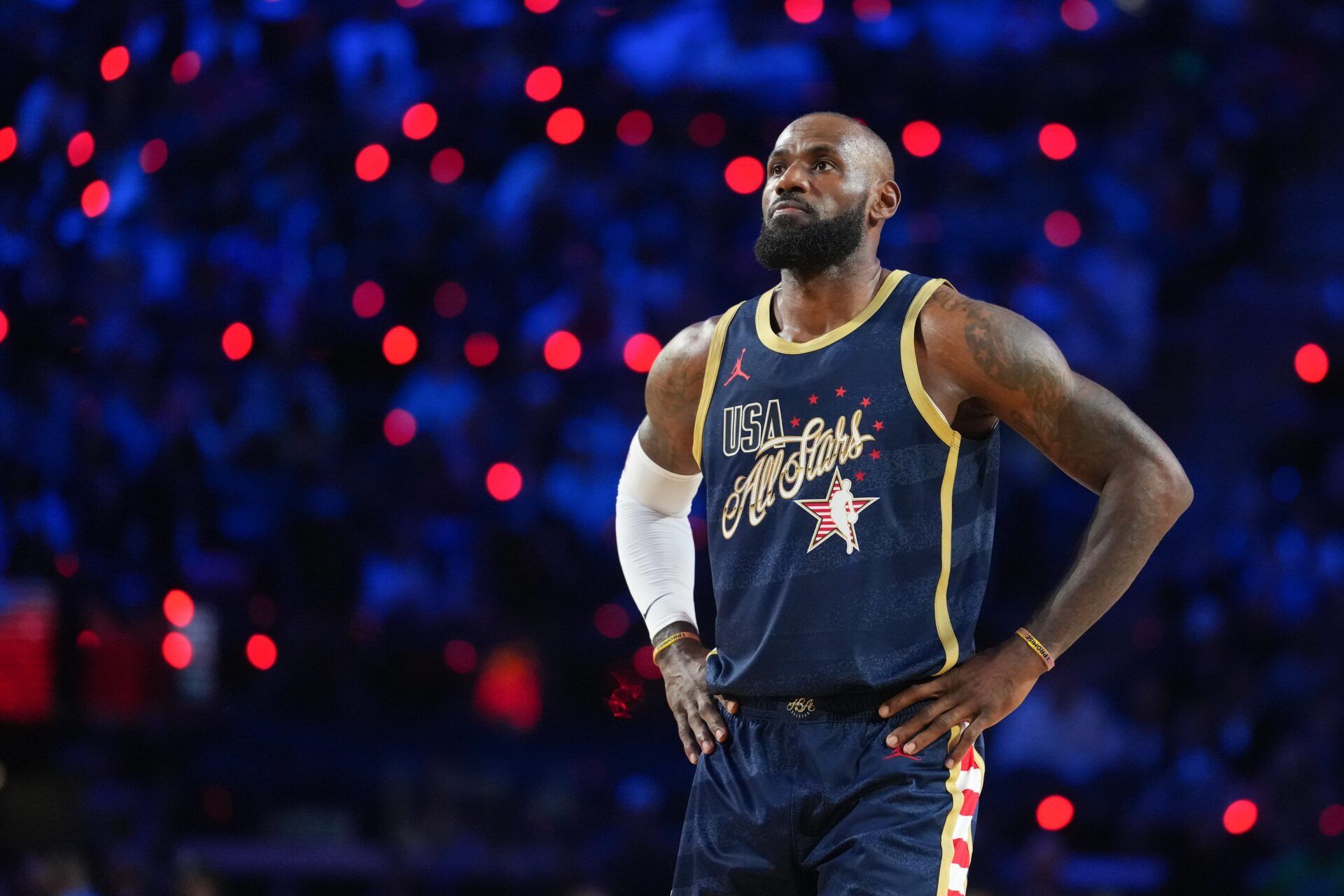 Team USA Stripes forward LeBron James (23) of the Los Angeles Lakers looks on in game two against Team Starsduring the 75th NBA All Star Game at Intuit Dome.