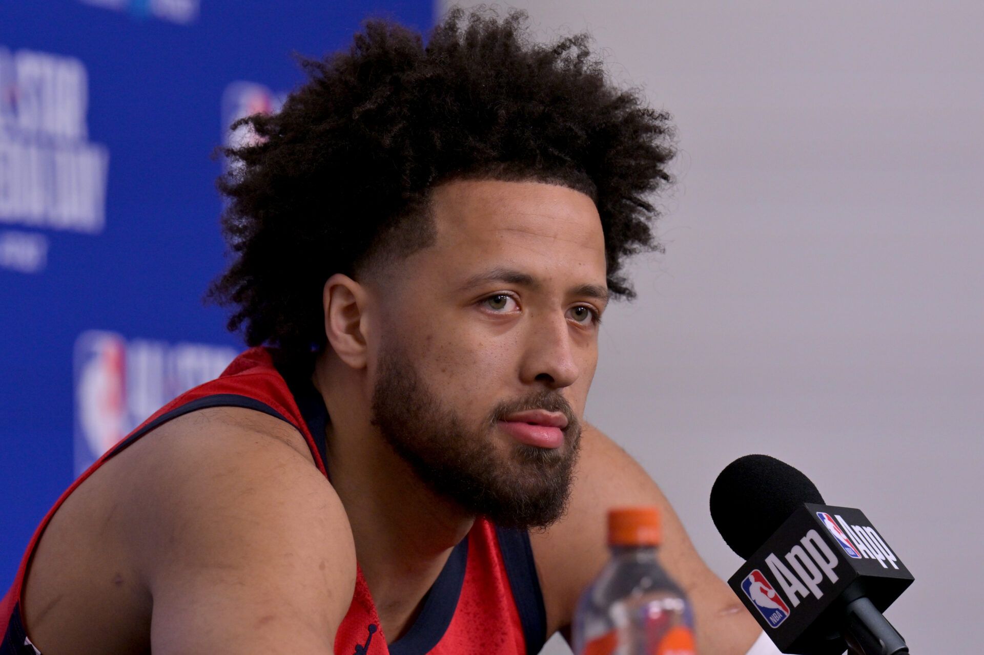 Team USA Stars guard Cade Cunningham (2) of the Detroit Pistons during a news conference for the NBA All Star game at Intuit Dome.