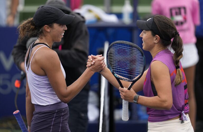 Jessica Pegula of the United States (right) greets Madison Keys of the United States (left) after their match during the San Diego Open at Barnes Tennis Center.