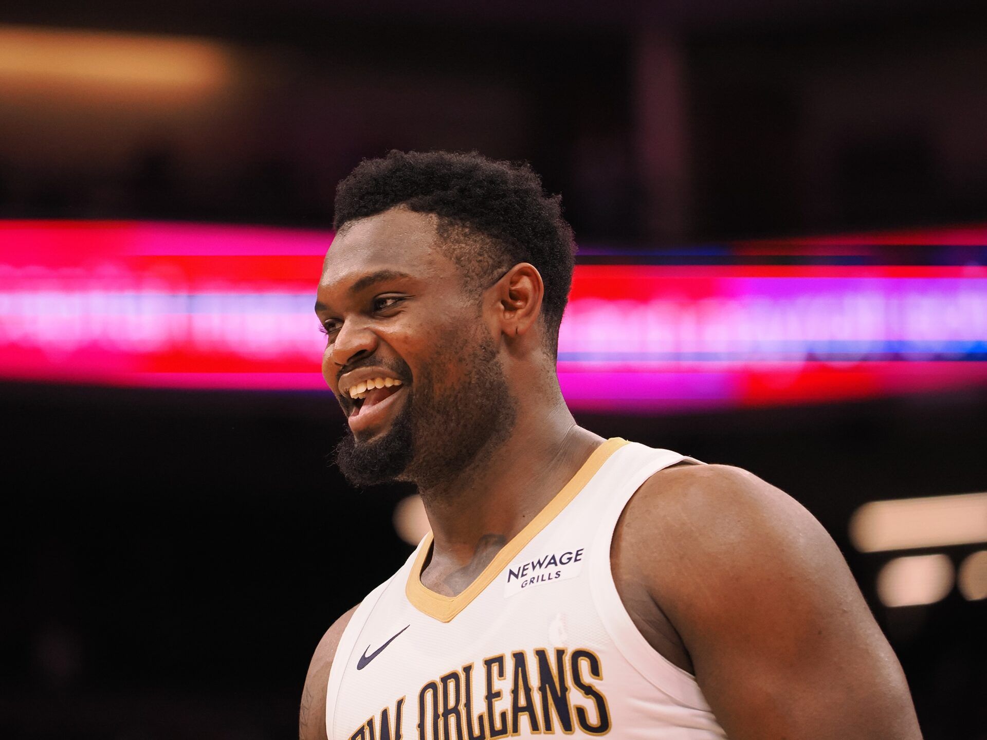 New Orleans Pelicans forward Zion Williamson (1) smiles after a foul call against the Sacramento Kings during the fourth quarter at Golden 1 Center.