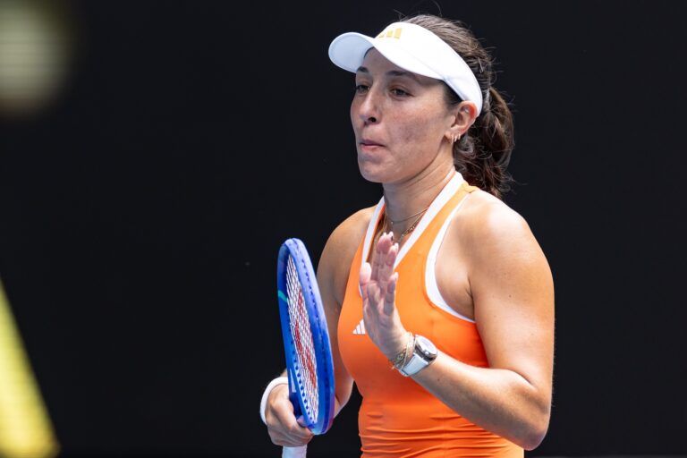 Jessica Pegula of United States celebrates her victory over Amanda Anisimova of United States in the quarterfinals of the women’s singles at the Australian Open at Rod Laver Arena in Melbourne Park.