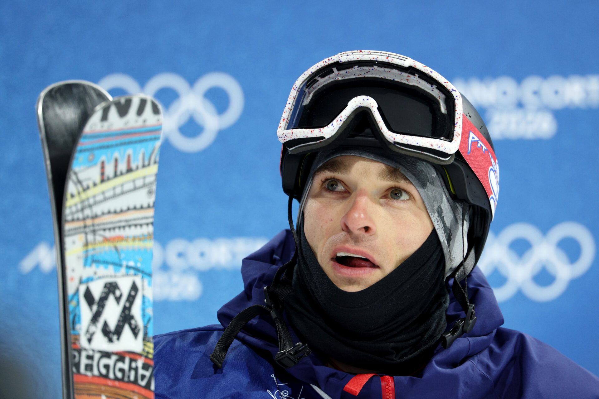 Nick Goepper of the United States reacts after his run during the men's skiing halfpipe final during the Milano Cortina 2026 Olympic Winter Games at Livigno Snow Park.