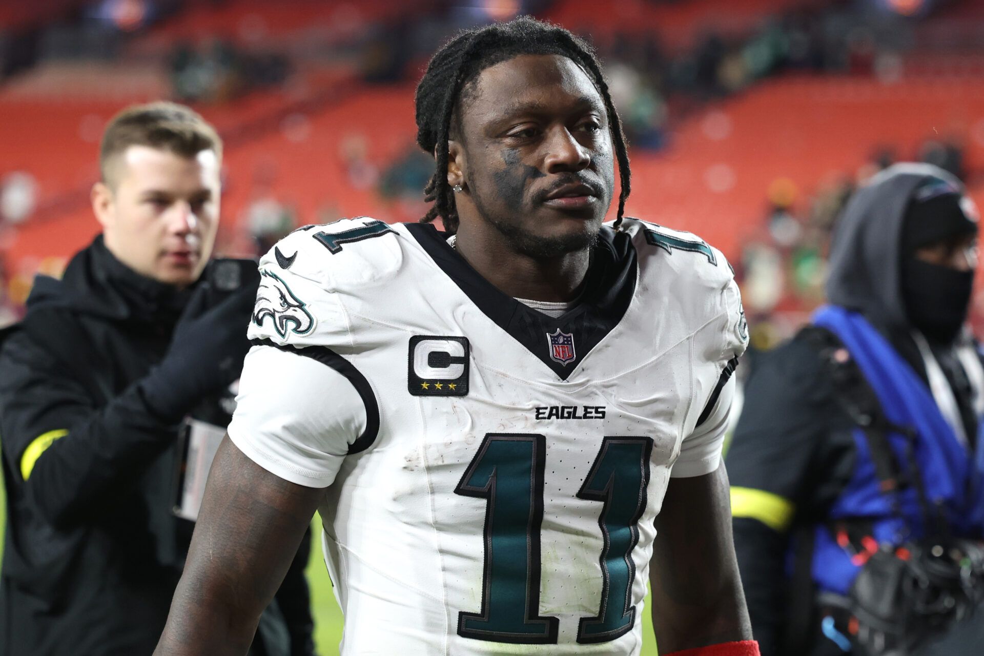 Philadelphia Eagles wide receiver A.J. Brown (11) leaves the field after the game against the Washington Commanders at Northwest Stadium.