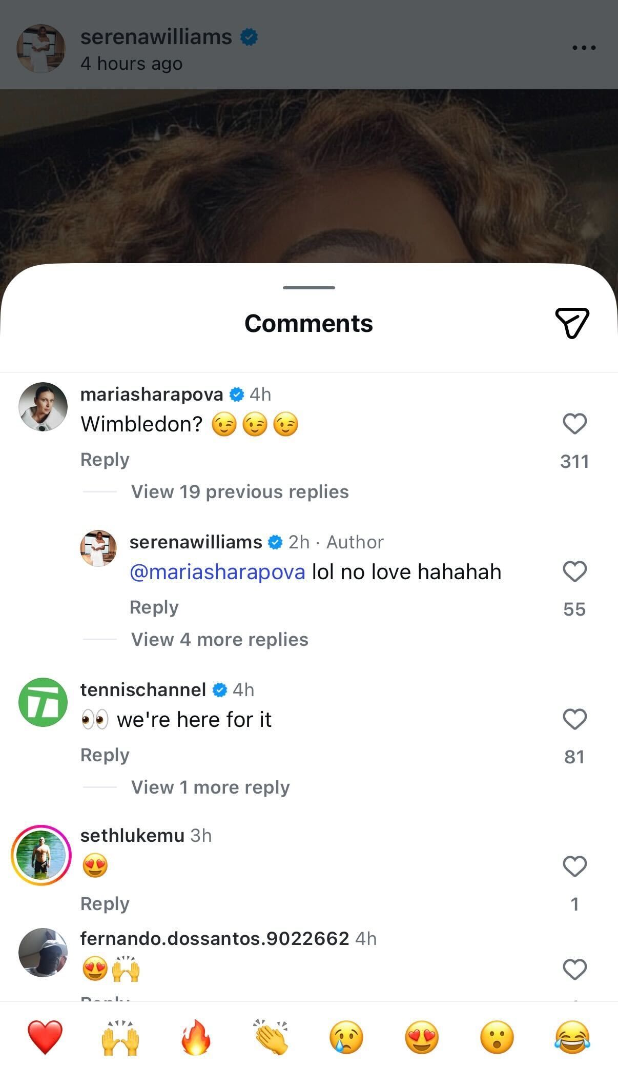 Maria Sharapova's comment on Serena Williams' Instagram post