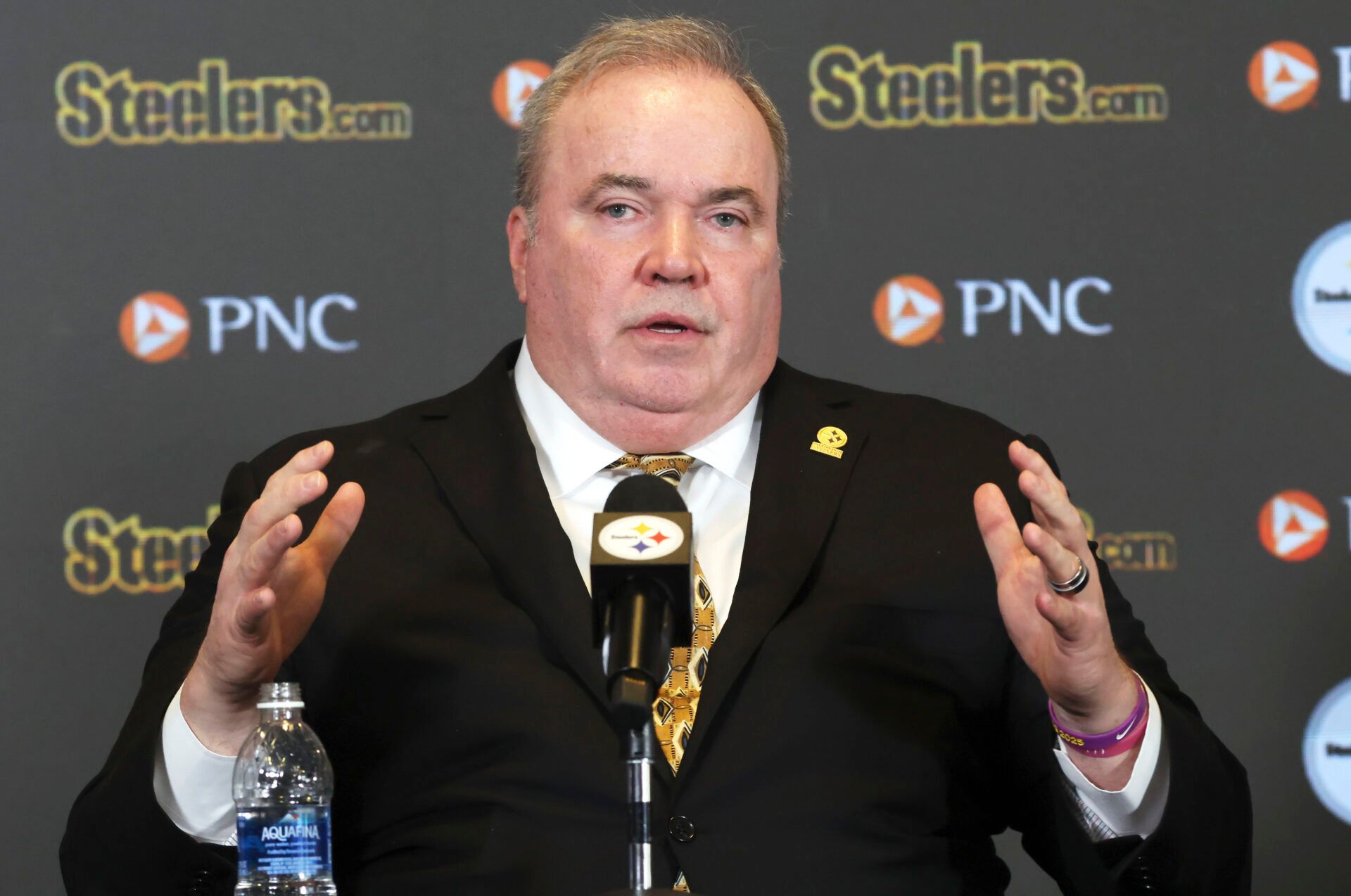Pittsburgh Steelers head coach Mike McCarthy speaks at a press conference introducing him as the next head coach of the Steelers at PNC Champions Club at Acrisure Stadium..