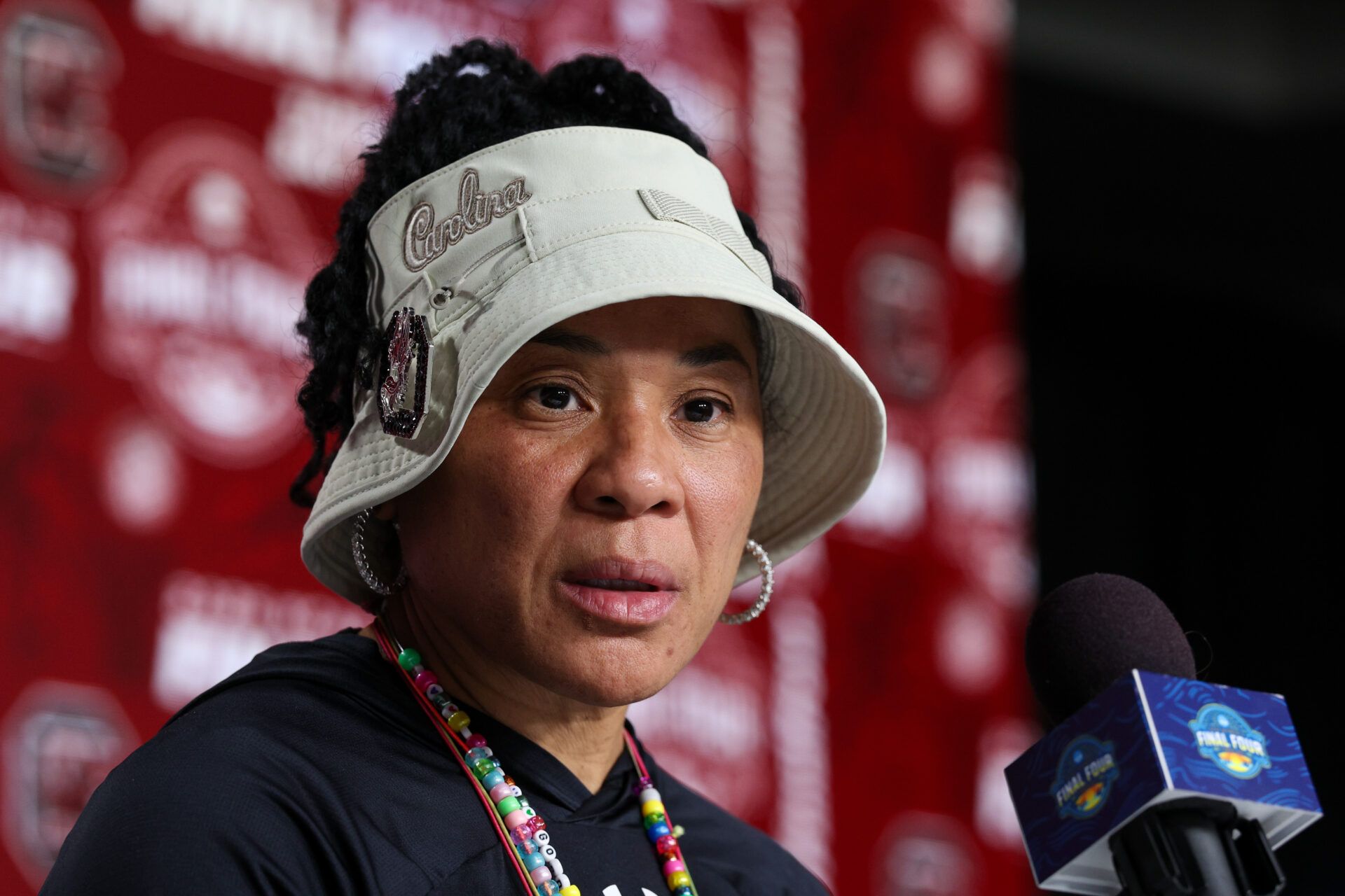 South Carolina Gamecocks head coach Dawn Staley talks to media before practice at Amalie Arena.