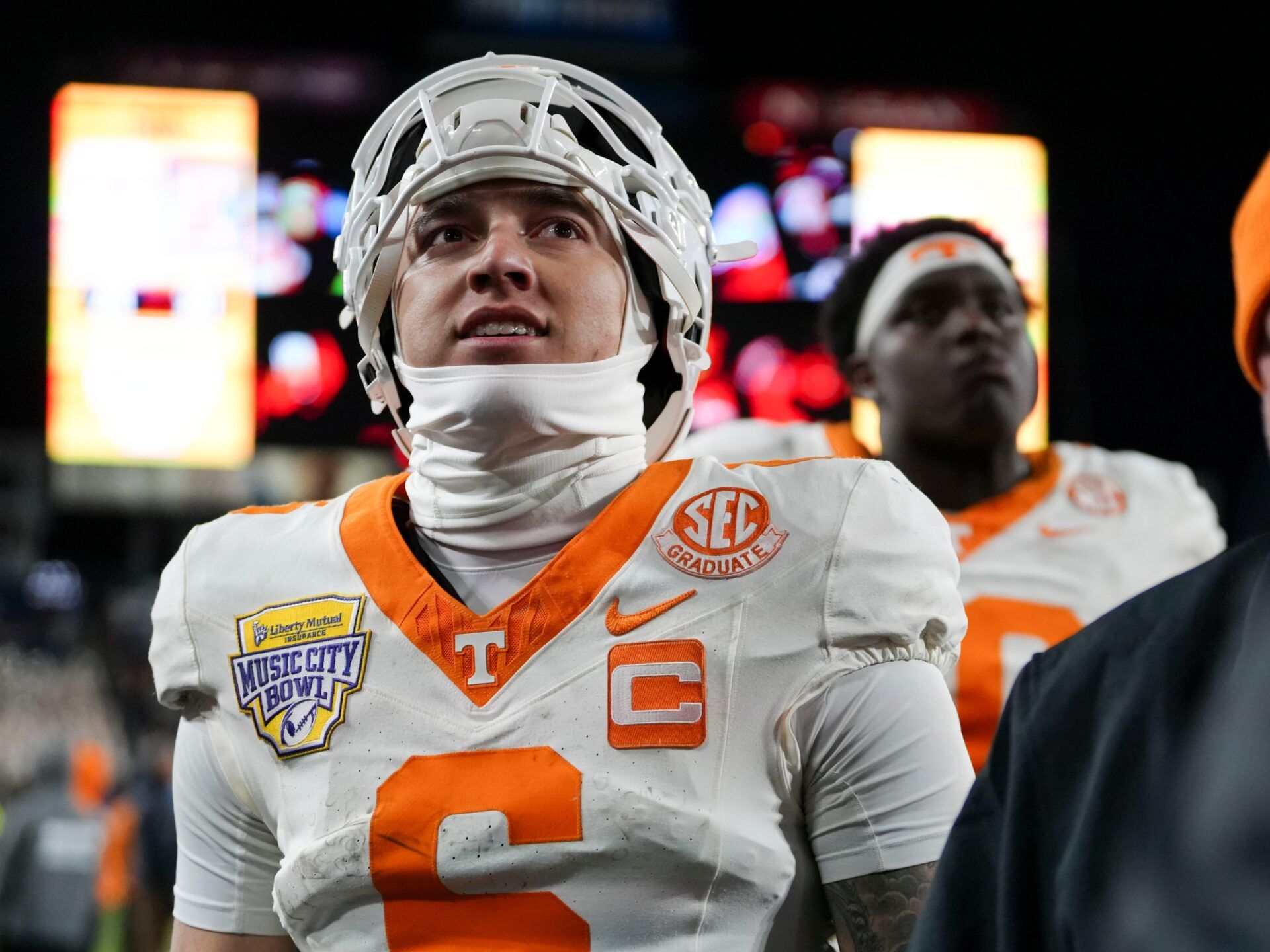 Tennessee quarterback Joey Aguilar (6) looks towards the stands as he walks off the field after the loss to Illinois in the Music City Bowl NCAA college football game on Dec. 30, 2025, in Nashville, Tennessee.