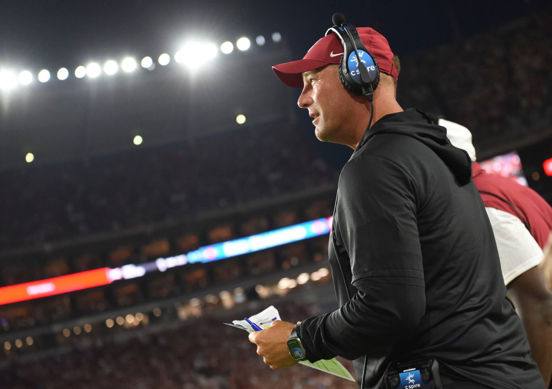 Alabama Crimson Tide head coach Kalen DeBoer coaches during his first game as the Crimson TideÕs head coach against the Western Kentucky Hilltoppers at Bryant-Denny Stadium.