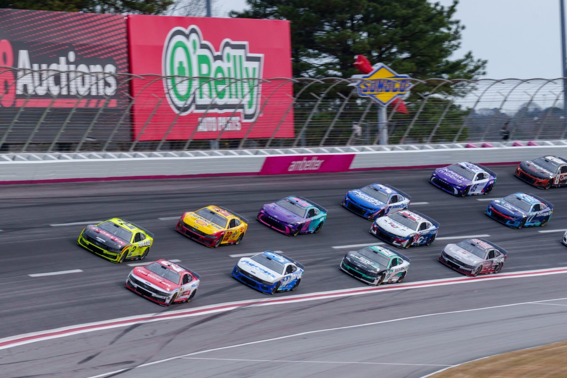 Josh Berry (21) fights to maintain the lead going into turn four at Atlanta Motor Speedway.