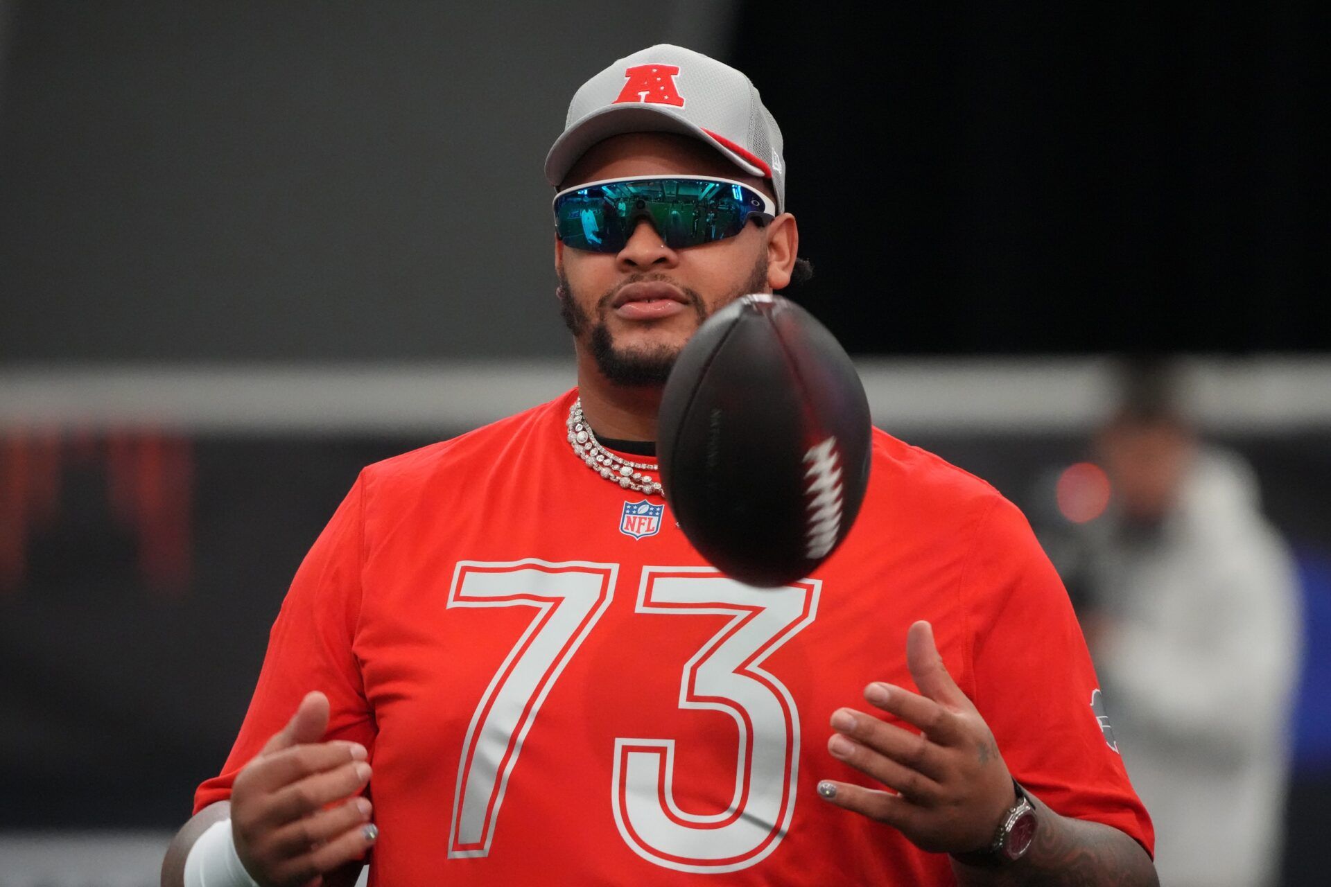 Buffalo Bills tackle Dion Dawkins (73) during AFC practice at the Flag Fieldhouse Moscone Center South Building.
