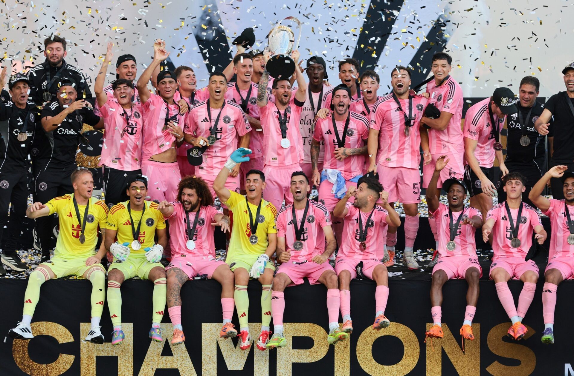 Inter Miami forward Lionel Messi (10) lifts the Philip F. Anschutz trophy after winning the 2025 MLS Cup against the Vancouver Whitecaps FC at Chase Stadium.