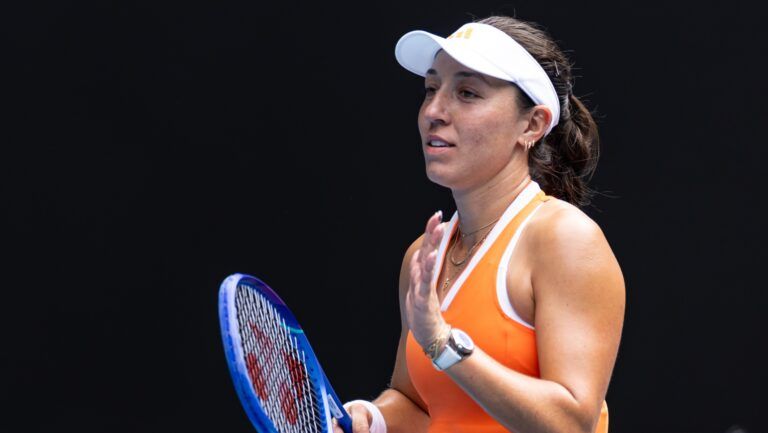 Jessica Pegula of United States celebrates her victory over Amanda Anisimova of United States in the quarterfinals of the women’s singles at the Australian Open at Rod Laver Arena in Melbourne Park.