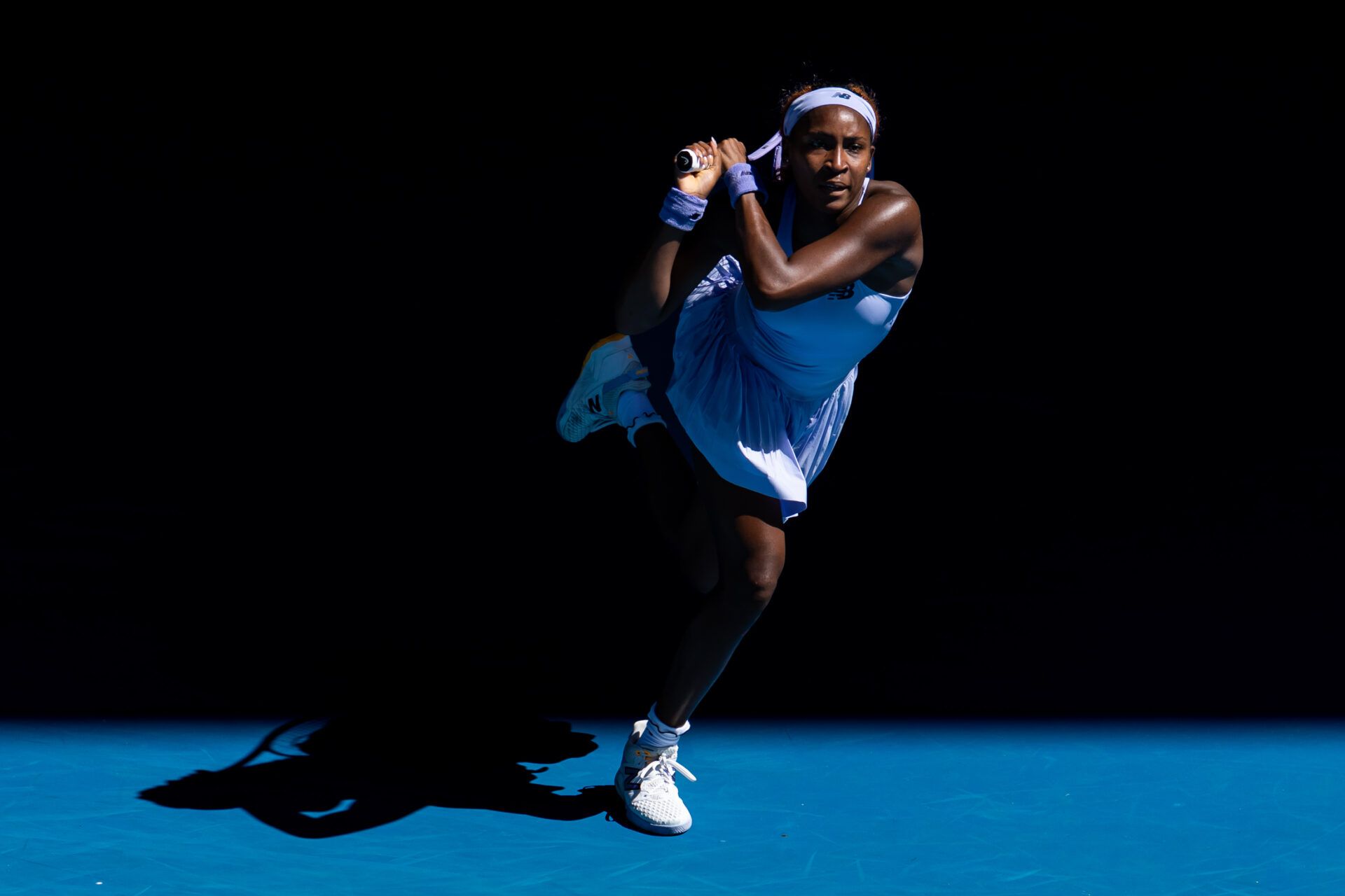 Coco Gauff of United States in action against Olga Danilovic of Serbia in the second round of the womens singles at the Australian Open at Margaret Court Arena in Melbourne Park.