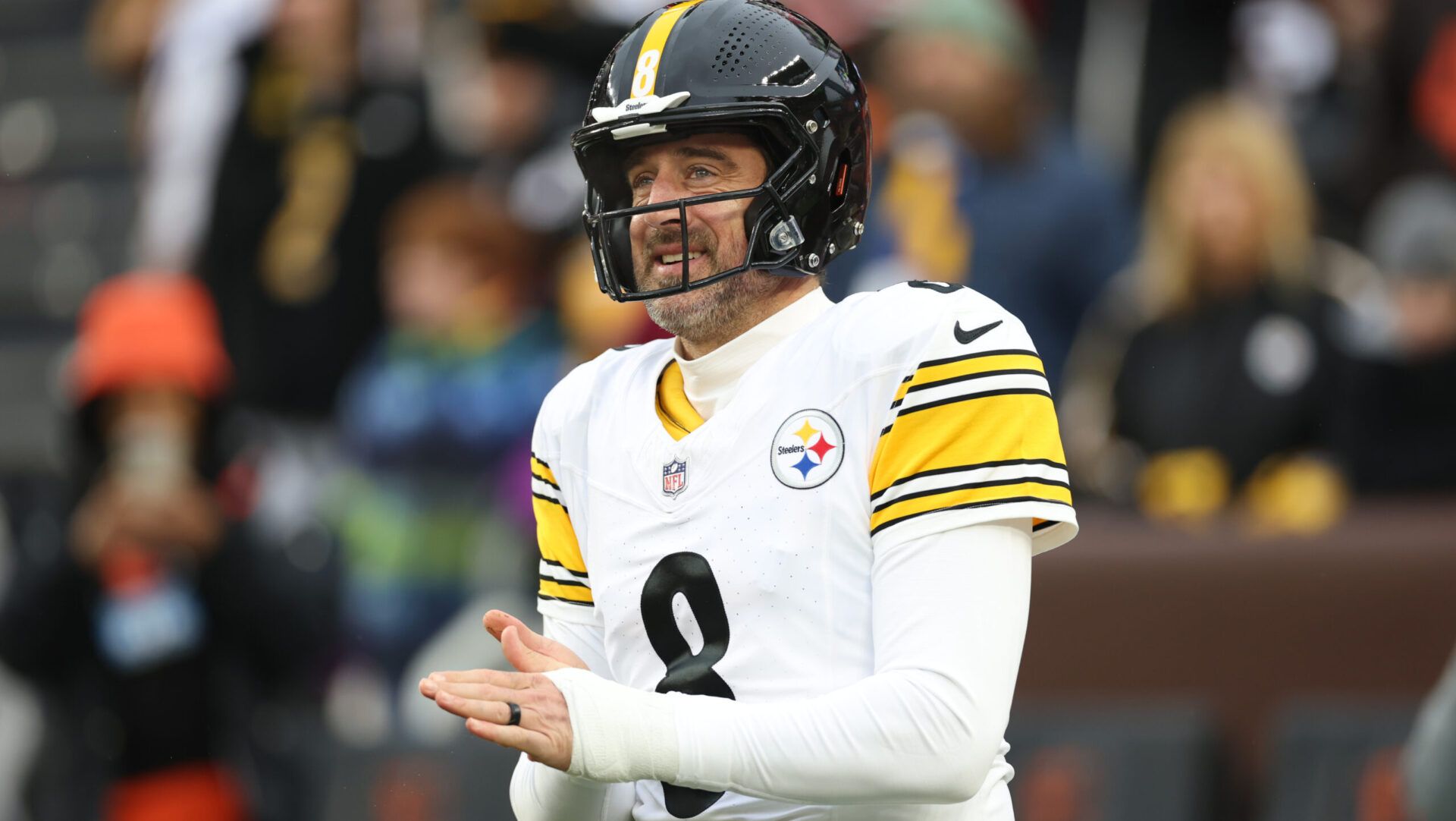 Pittsburgh Steelers quarterback Aaron Rodgers (8) reacts before the game against the Cleveland Browns at Huntington Bank Field.