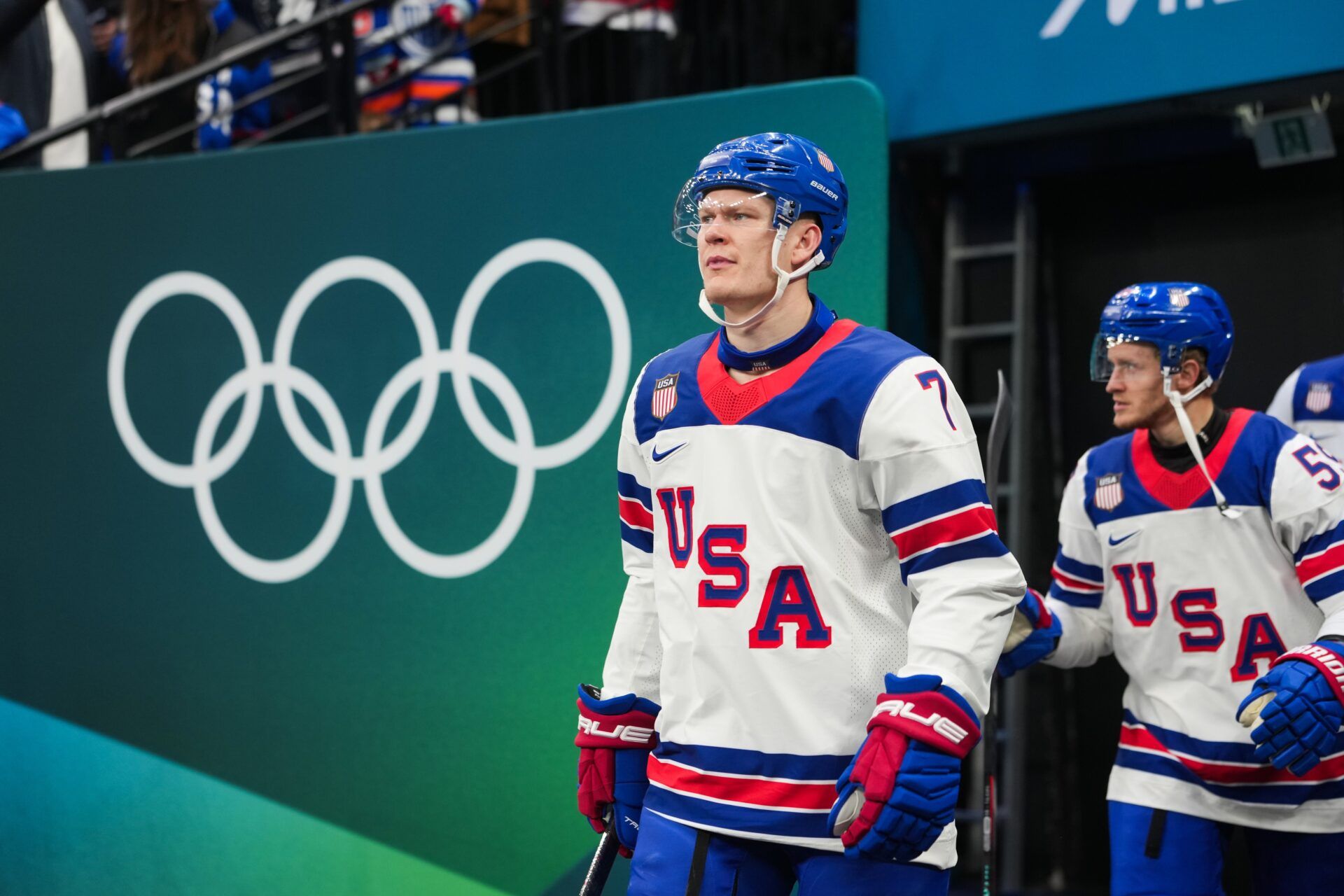 Brady Tkachuk (7) of the United States takes the ice before the game against Slovakia in a men's ice hockey semifinal during the Milano Cortina 2026 Olympic Winter Games at Milano Santagiulia Ice Hockey Arena.