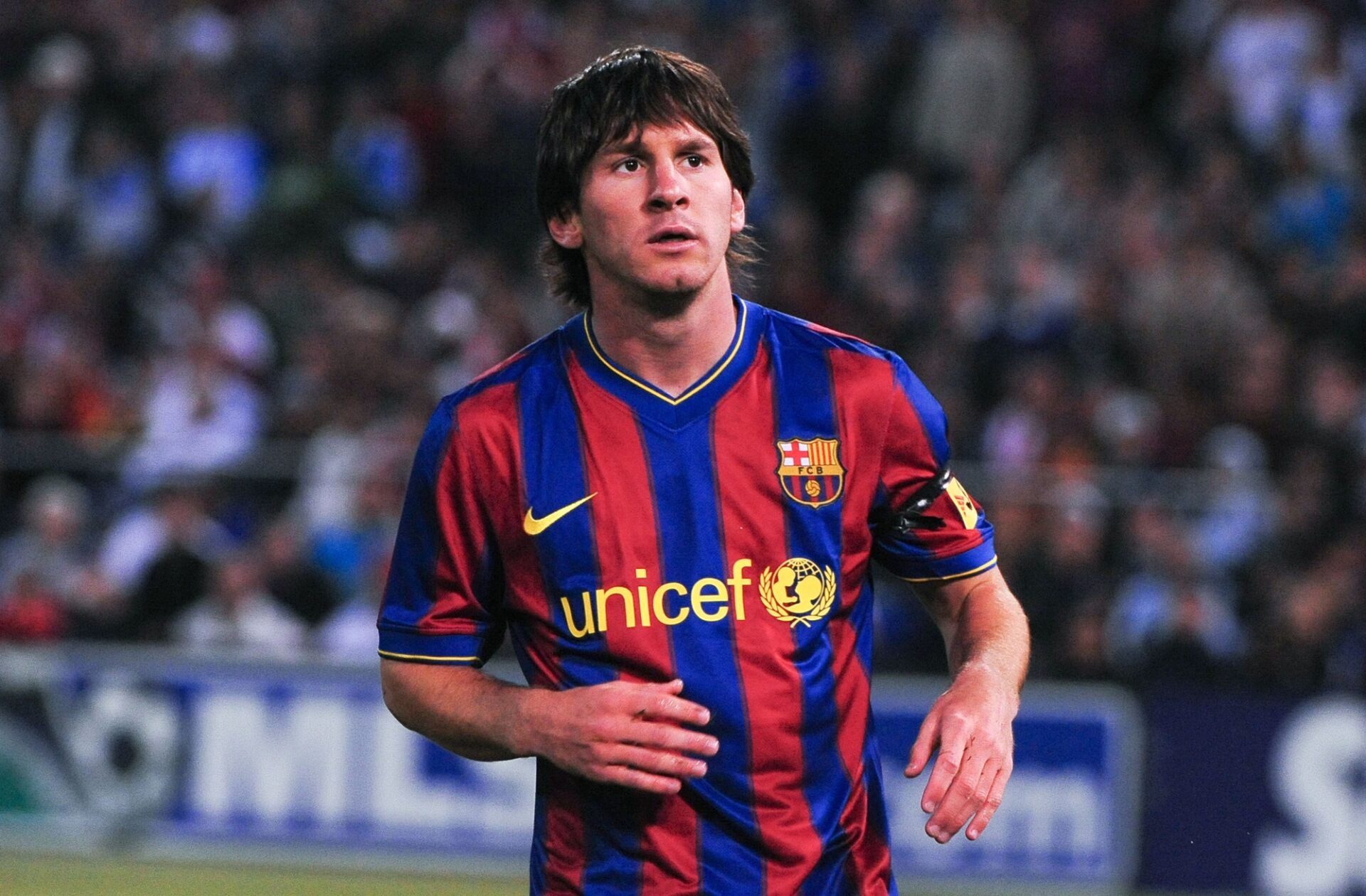 FC Barcelona forward Lionel Messi (10) looks on during the first half in the Night of Champions international friendly contest against Chivas de Guadalajara at Candlestick Park.