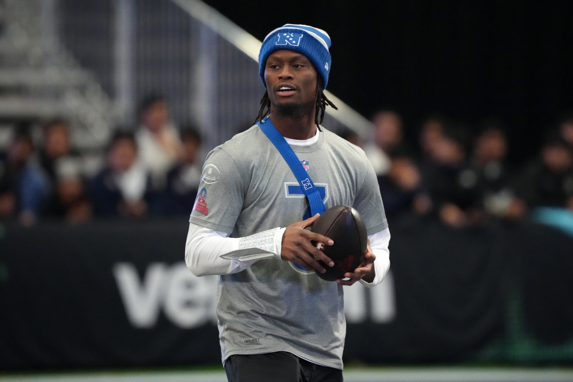 Dallas Cowboys receiver George Pickens during NFC practice at the NFL Flag Fieldhouse at Moscone Center South Building.