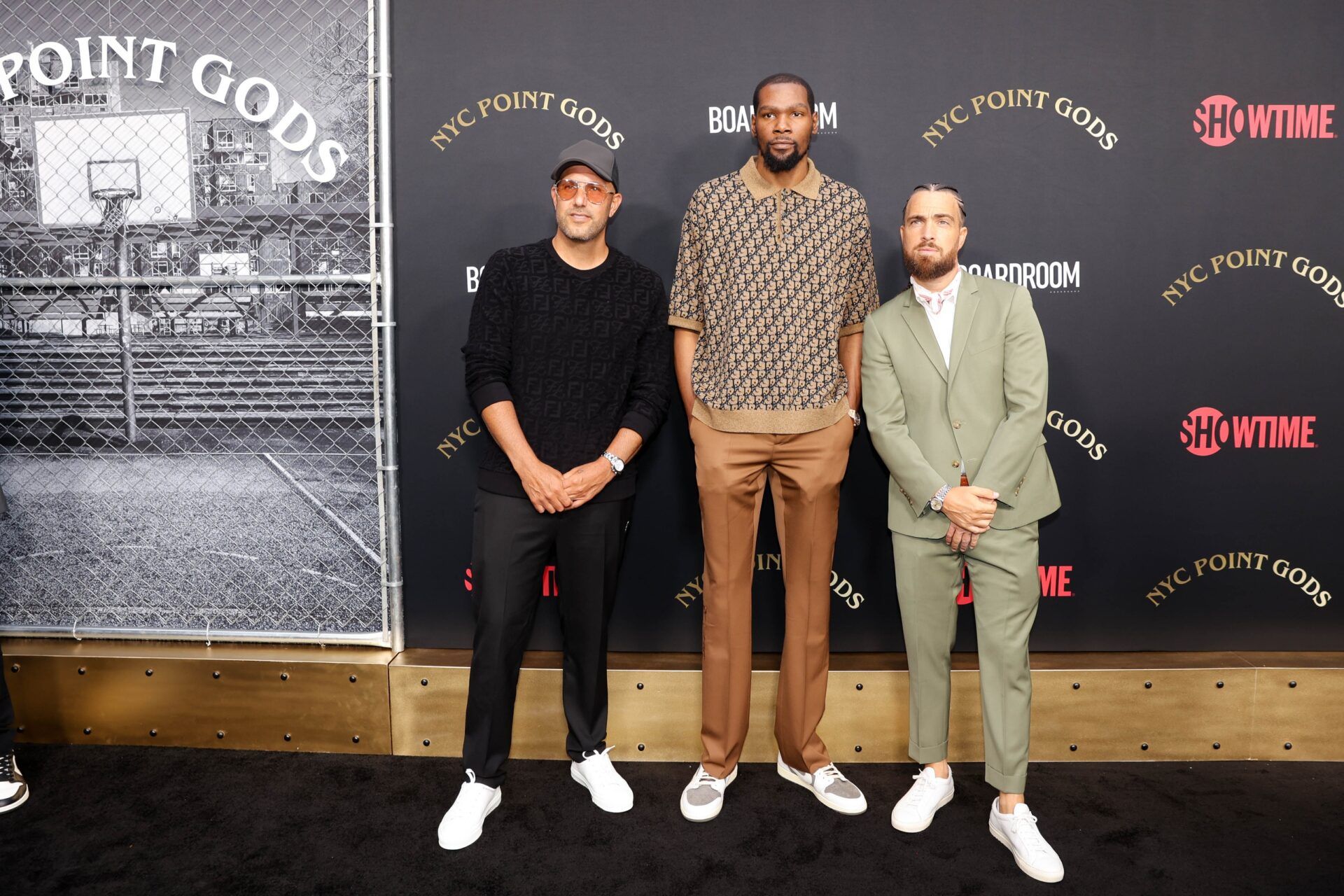 Kevin Durant, Rich Kleiman, and a guest attend the NYC Point Gods Premiere at The Midnight Theatre.