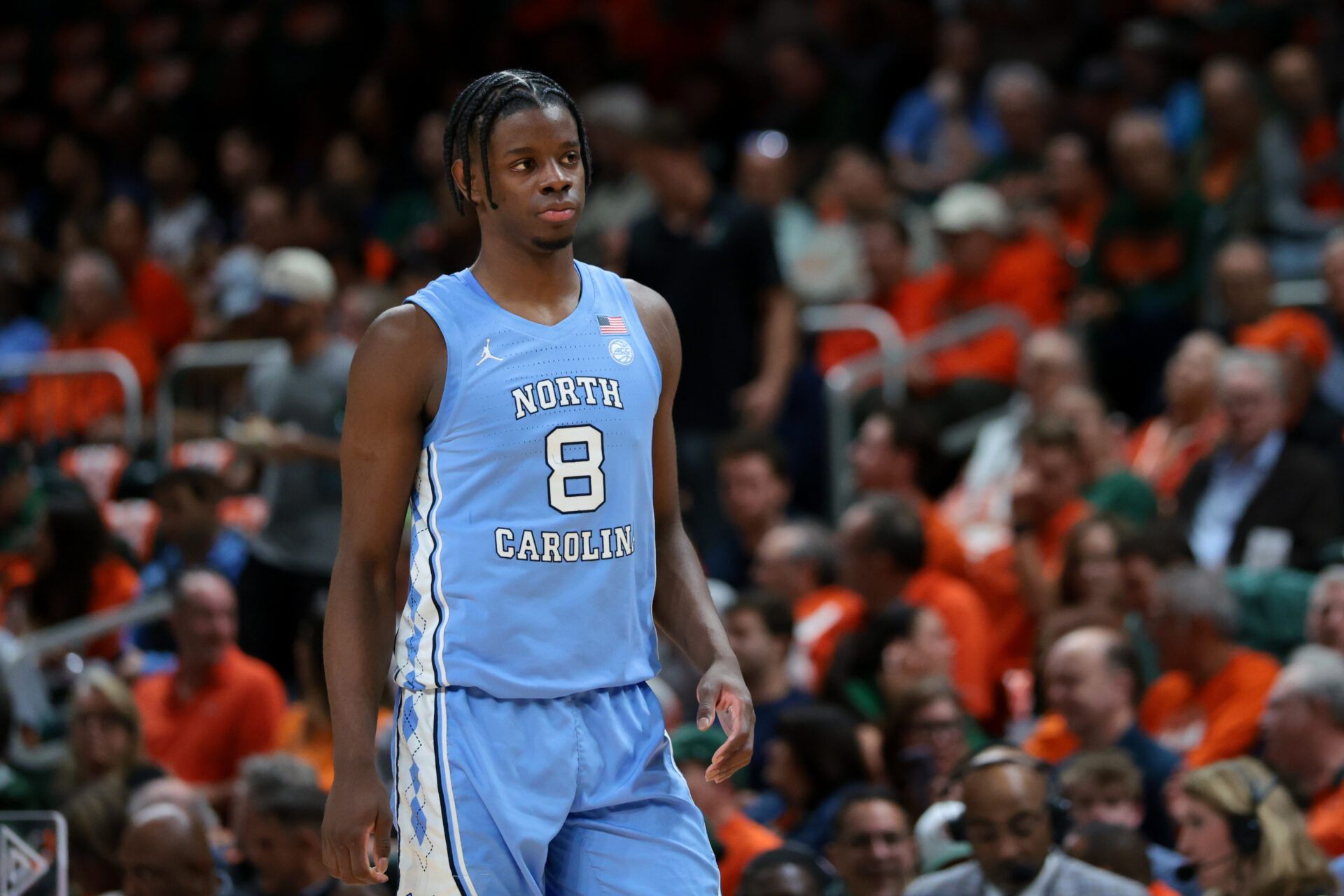 North Carolina Tar Heels forward Caleb Wilson (8) looks on against the Miami Hurricanes during the first half at Watsco Center.